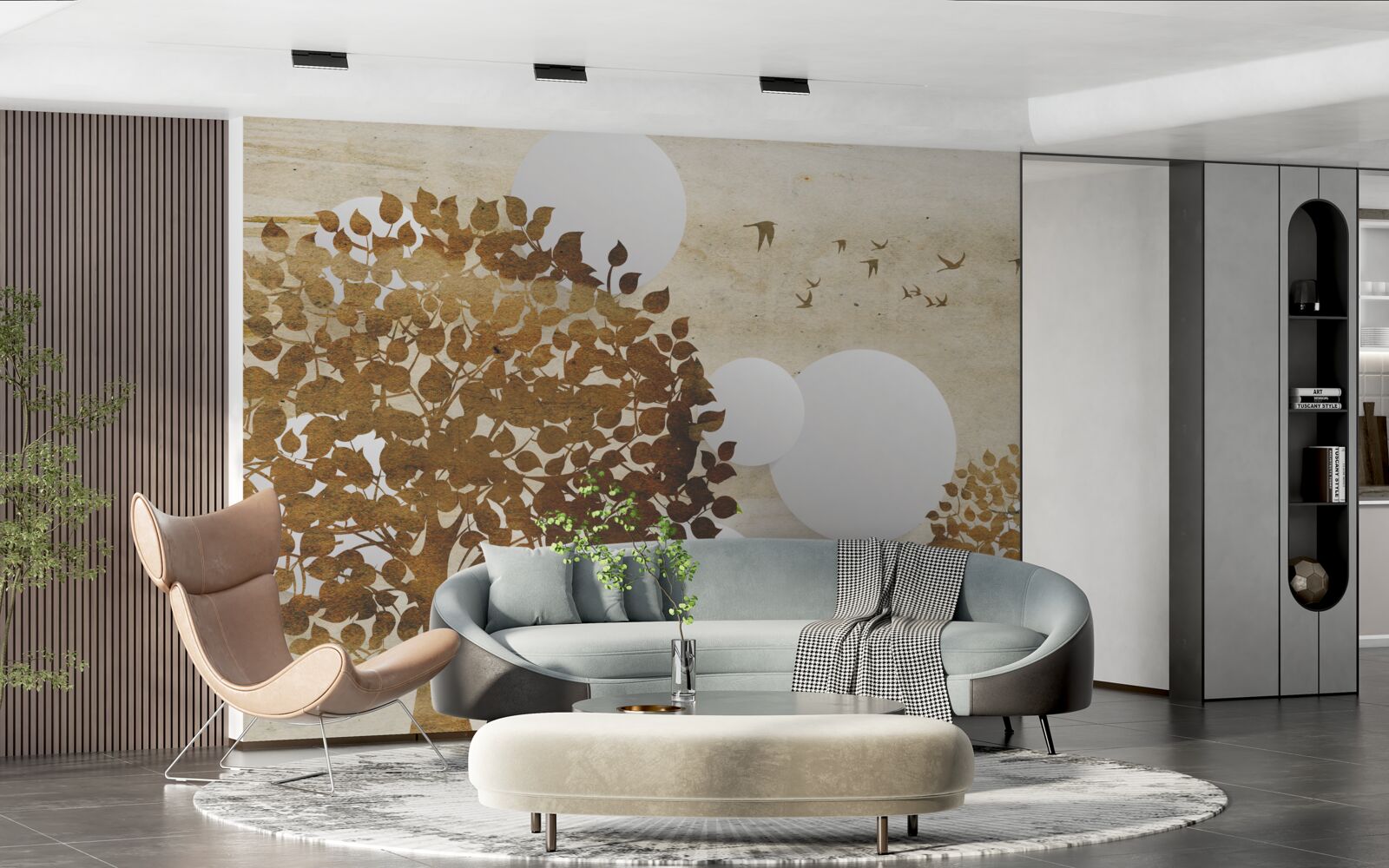 Fototapeta białe kółka i drzewa w jesiennym zachodzie słońca