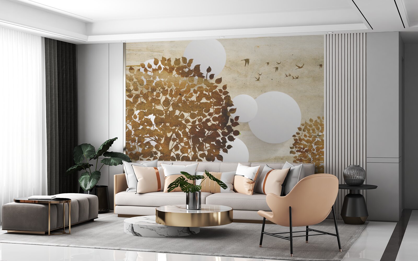 Fototapeta białe kółka i drzewa w jesiennym zachodzie słońca