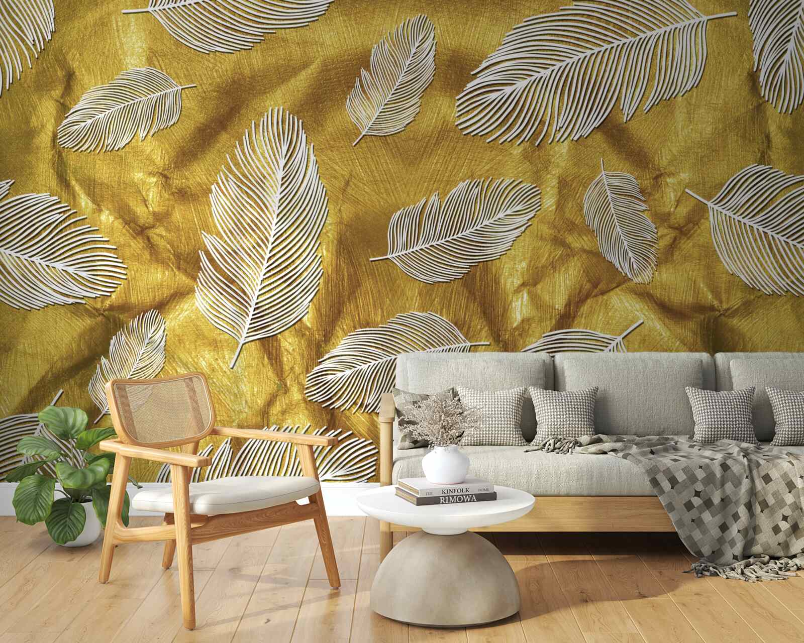 Fototapeta cienkie białe piórka na złotym tle