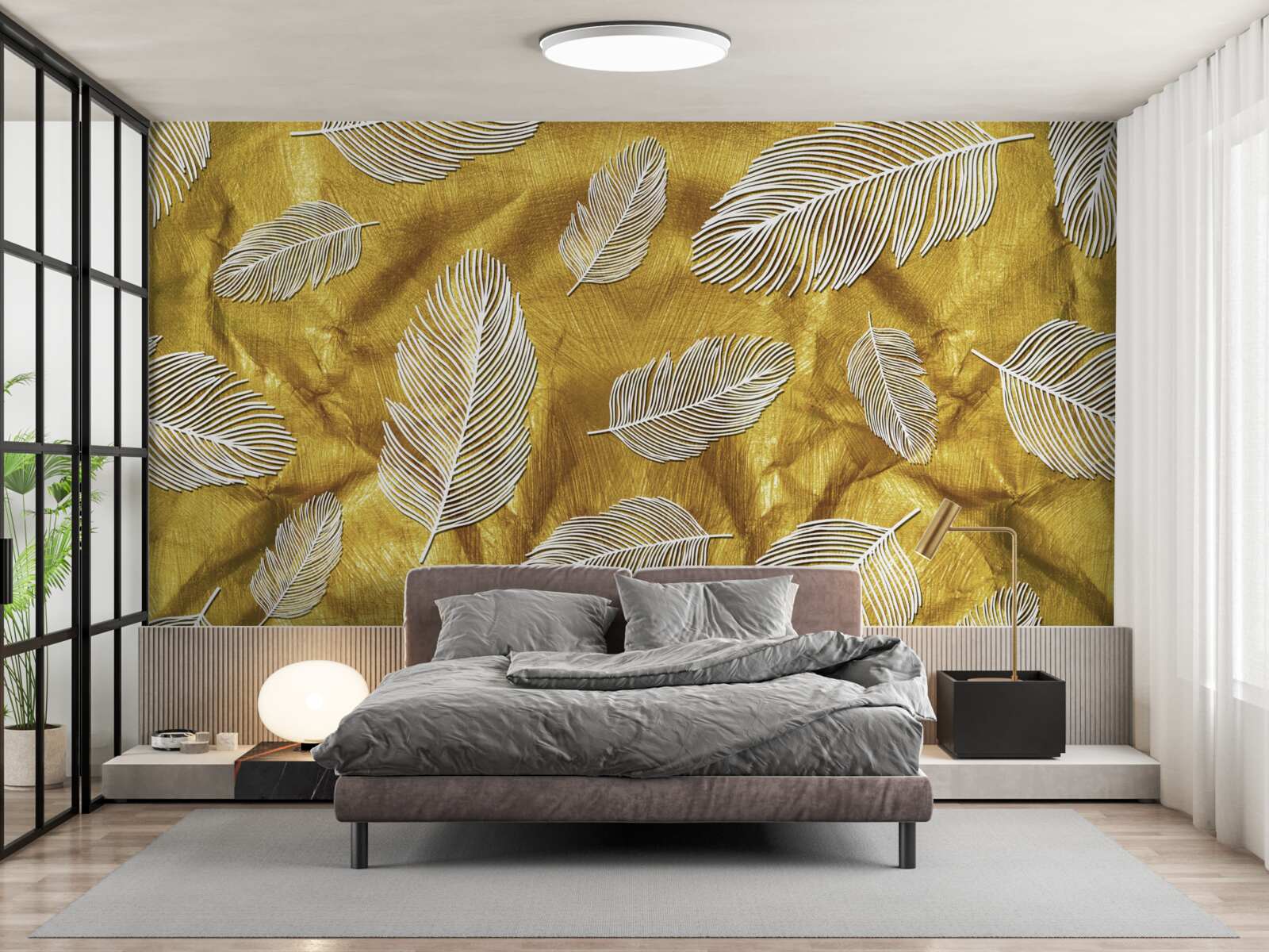 Fototapeta cienkie białe piórka na złotym tle