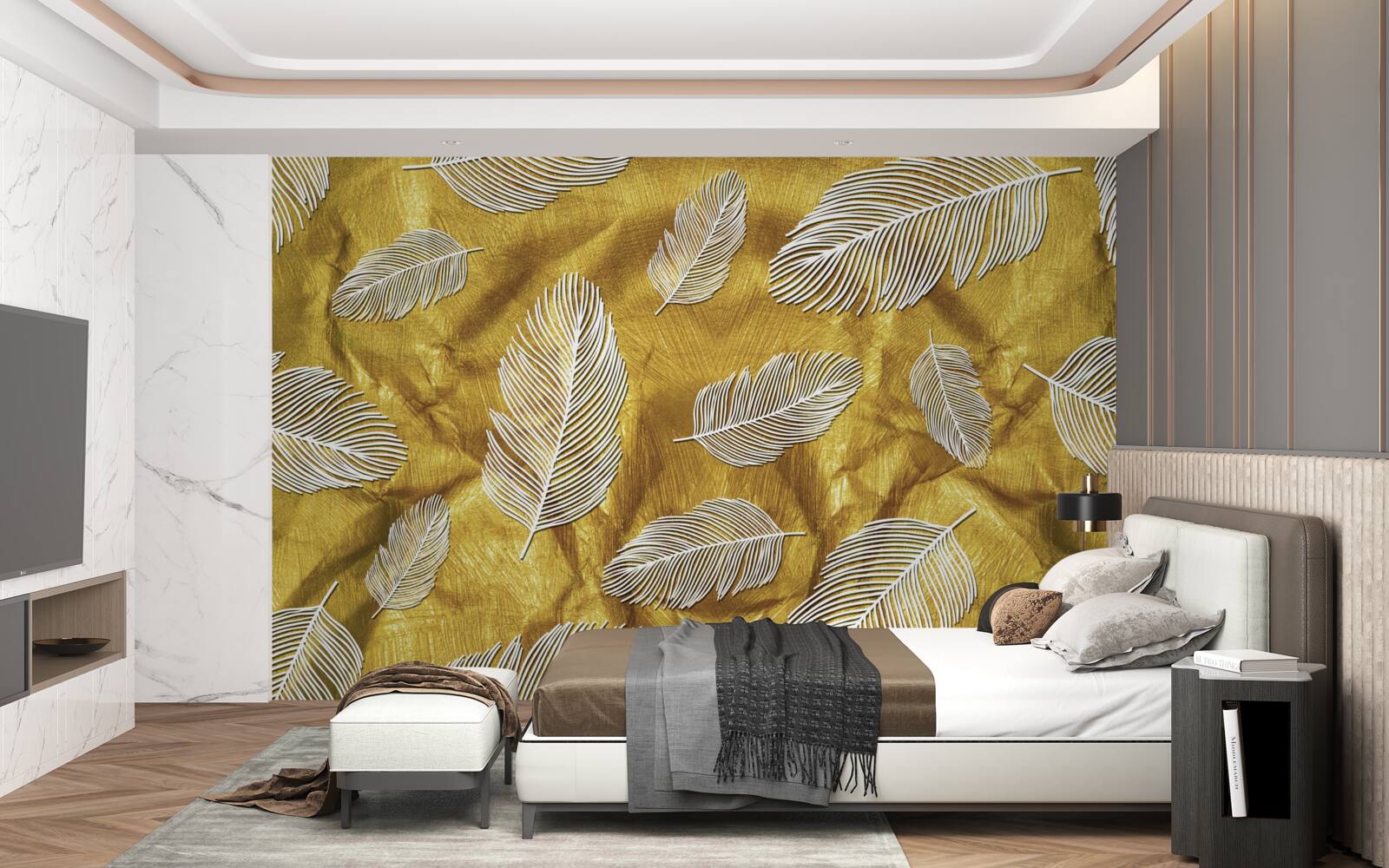 Fototapeta cienkie białe piórka na złotym tle