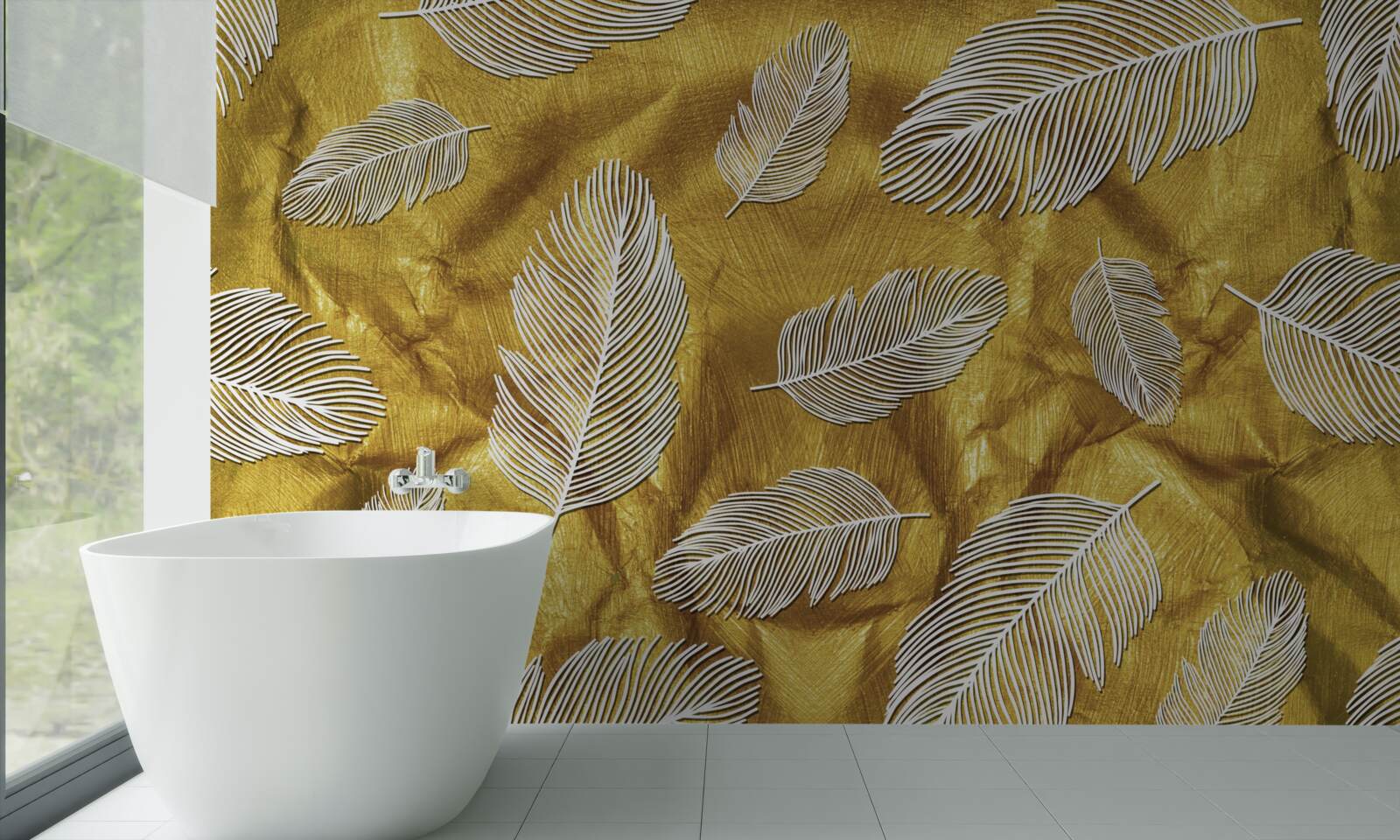 Fototapeta cienkie białe piórka na złotym tle