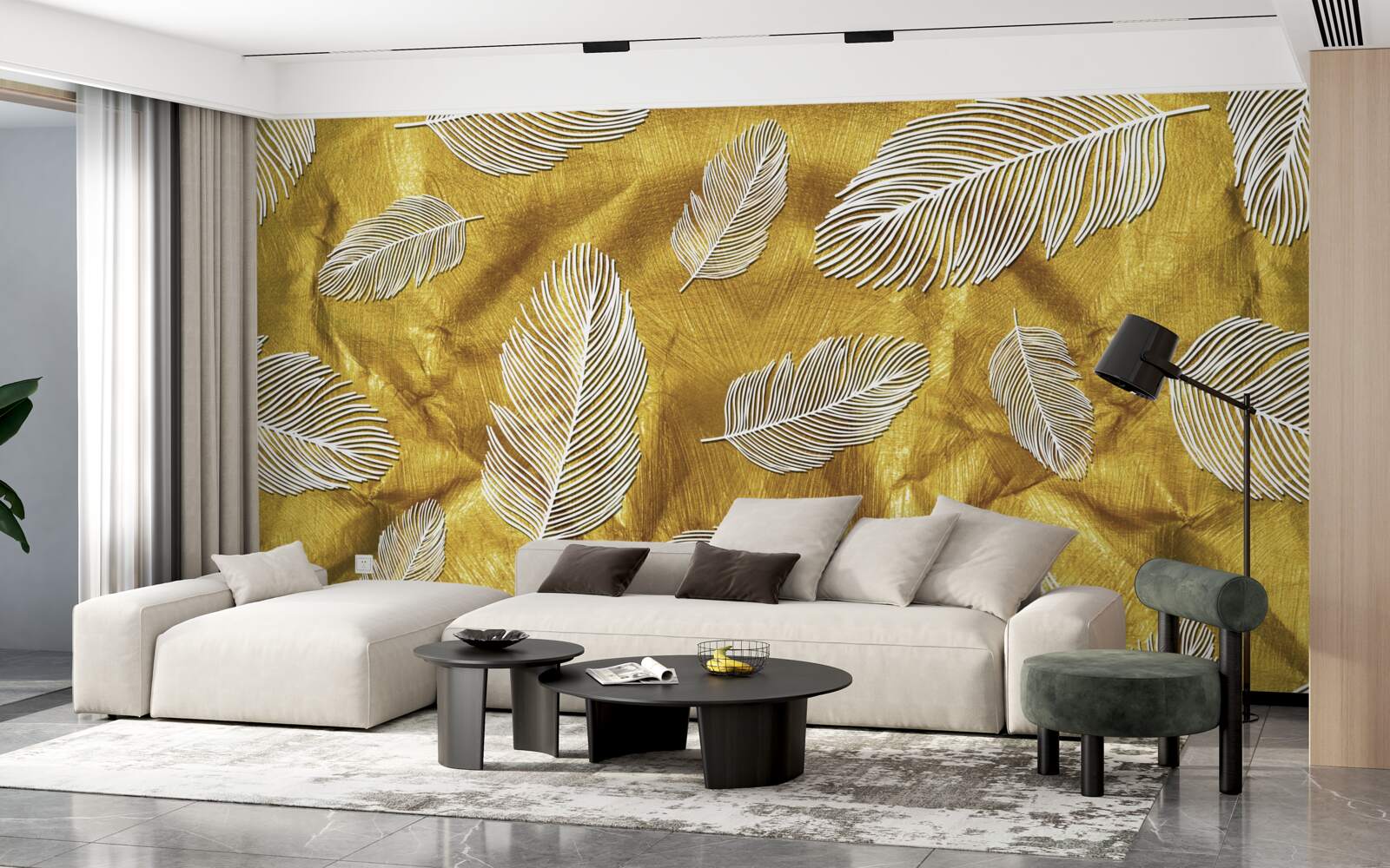 Fototapeta cienkie białe piórka na złotym tle