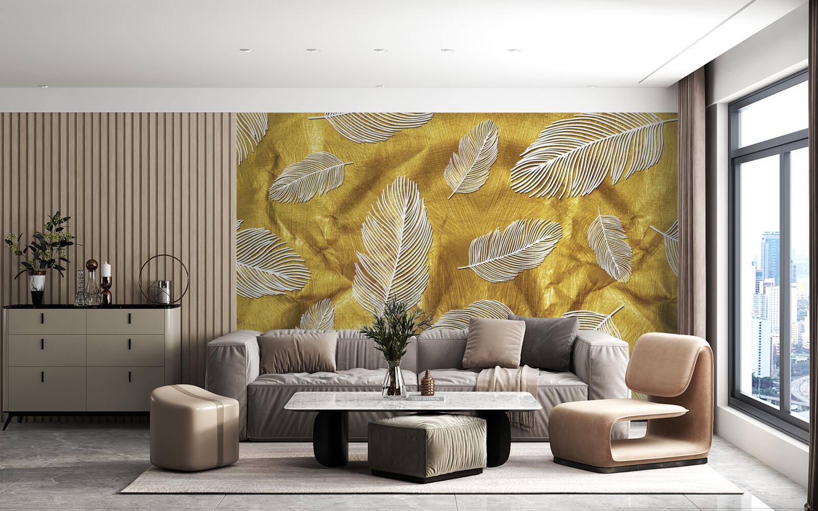 Fototapeta cienkie białe piórka na złotym tle