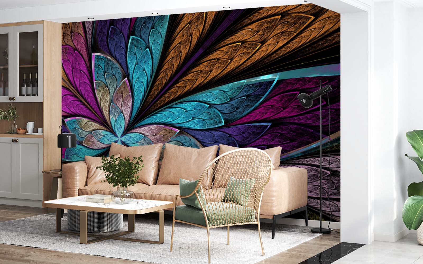 Fototapeta mozaika z płatków kwiatów tworząca efekt witrażu