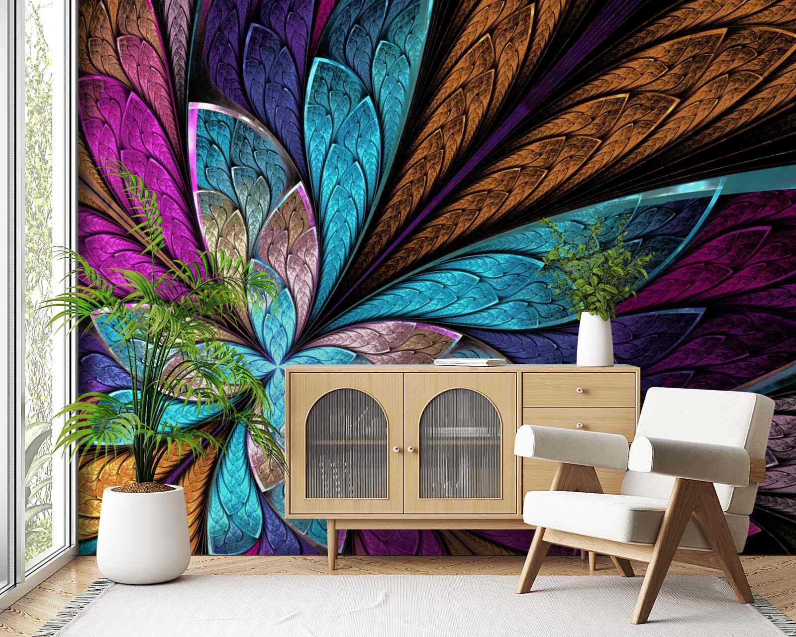 Fototapeta mozaika z płatków kwiatów tworząca efekt witrażu