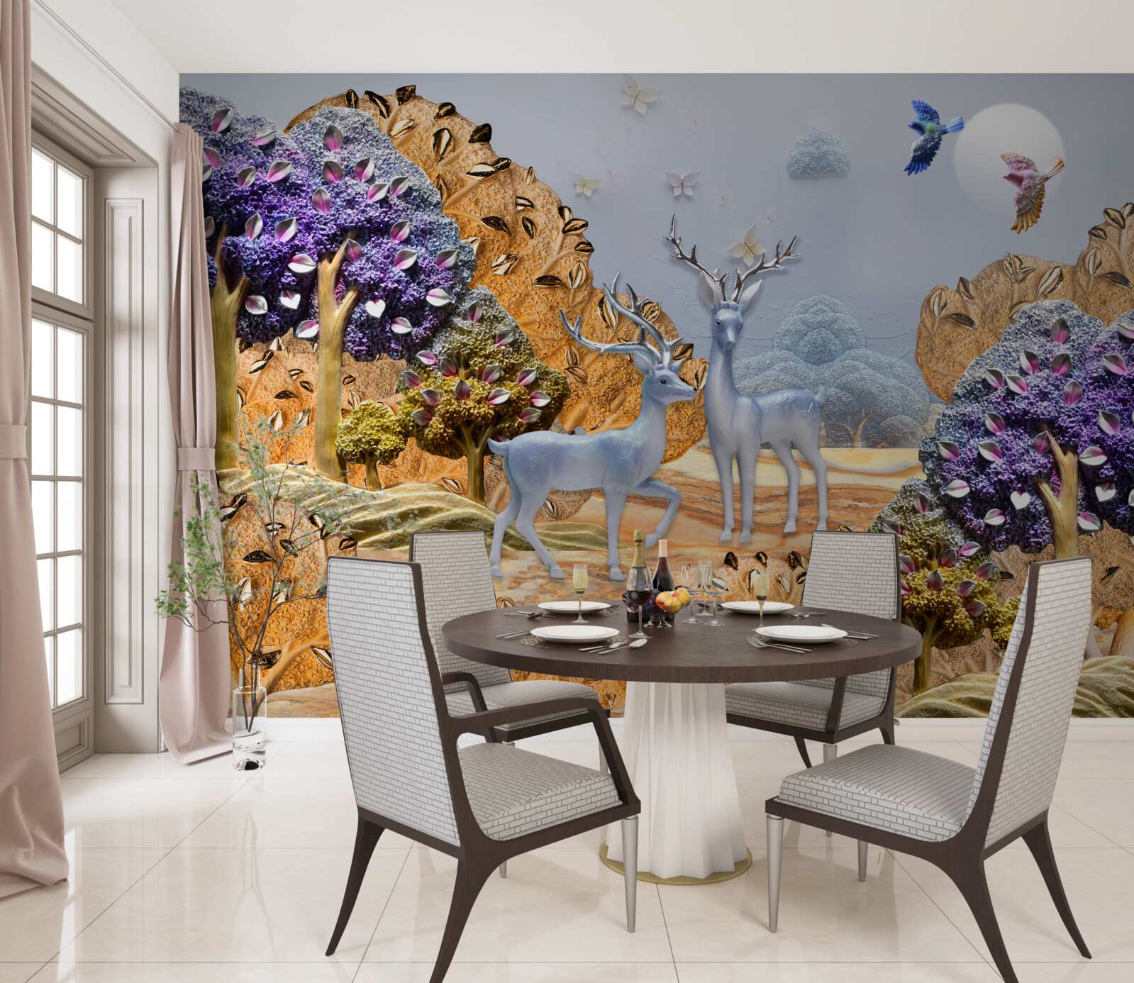 Fototapeta wieczorny las jesienią i dwa jelenie