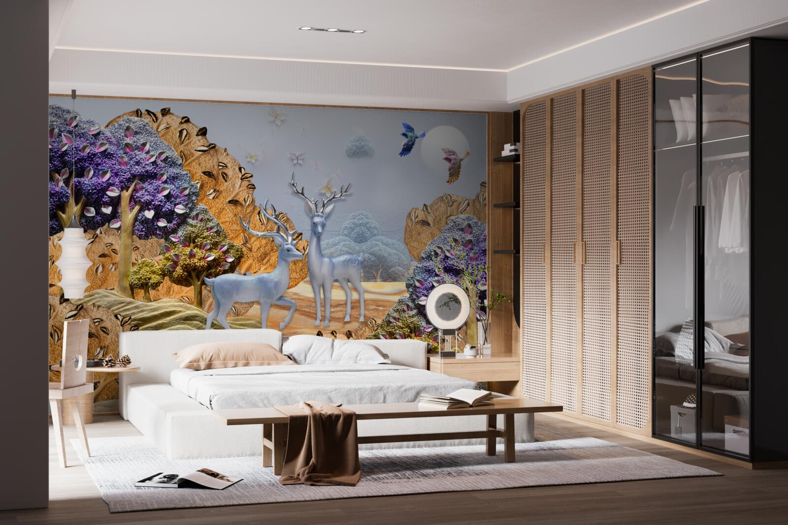 Fototapeta wieczorny las jesienią i dwa jelenie