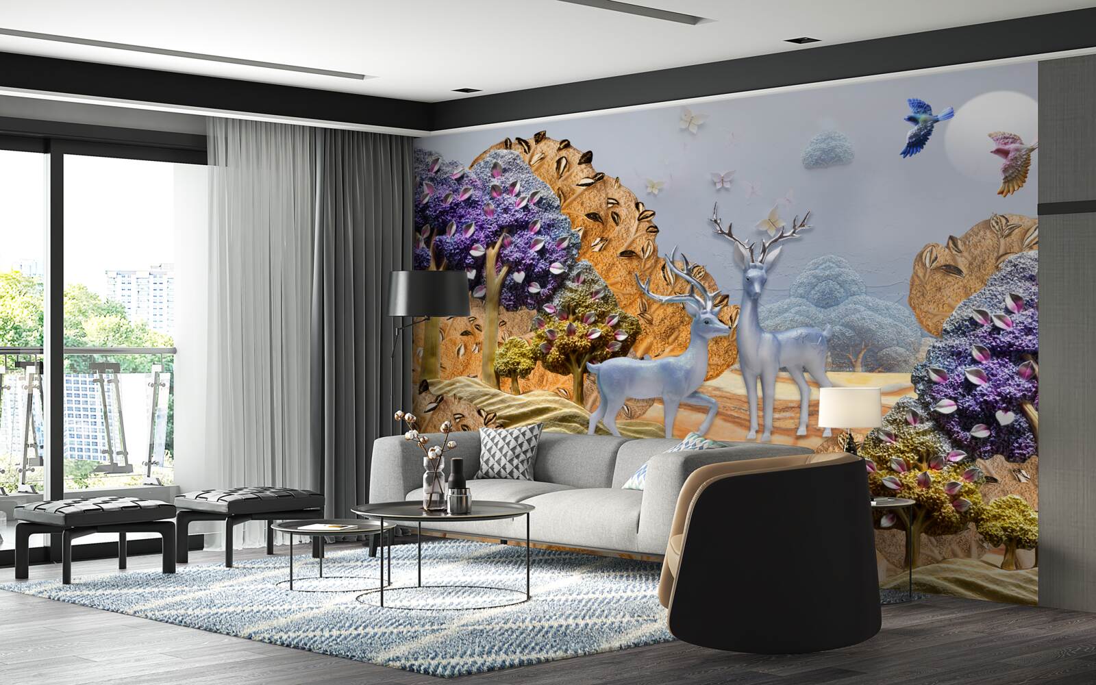 Fototapeta wieczorny las jesienią i dwa jelenie