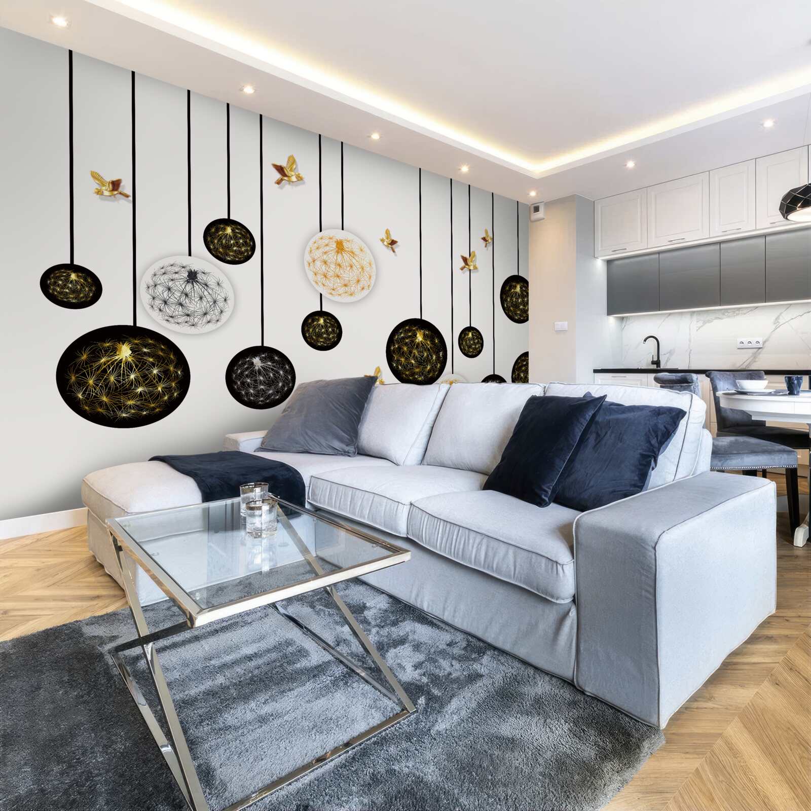 Fototapeta czarne wiszące kulki na jasnym tle