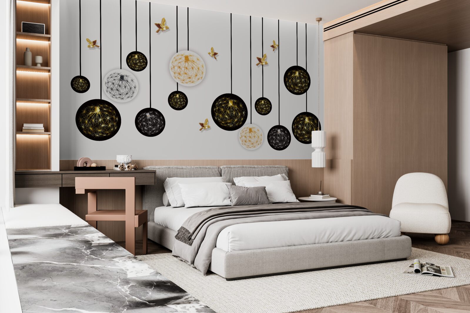 Fototapeta czarne wiszące kulki na jasnym tle