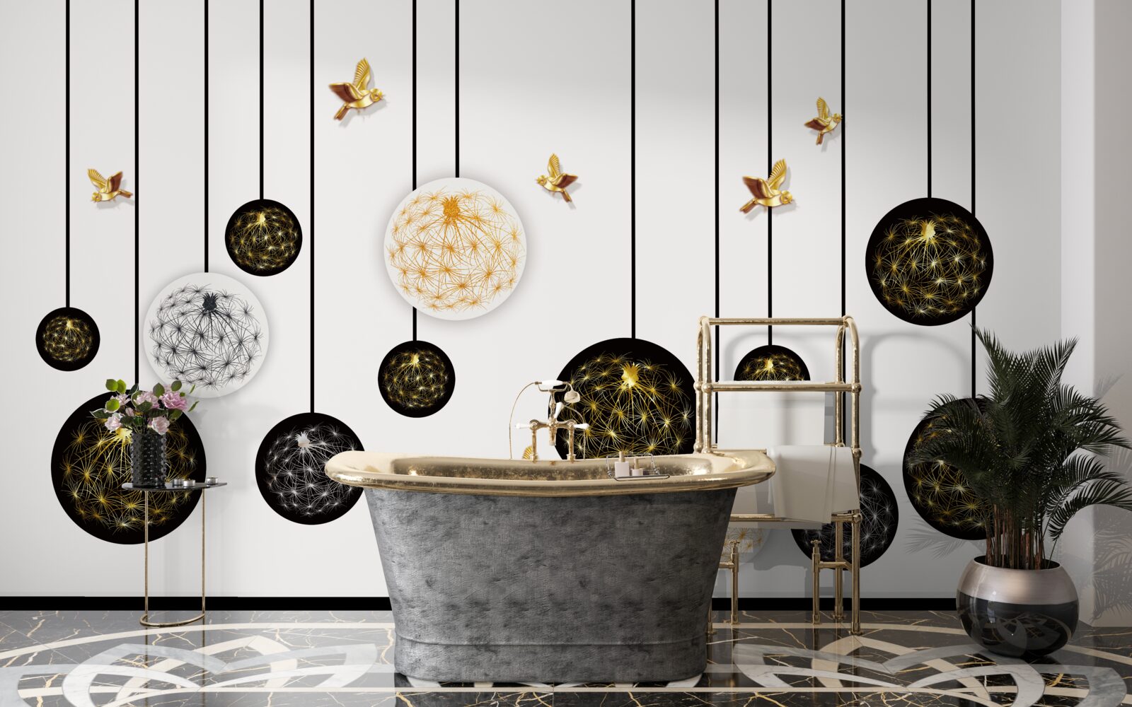 Fototapeta czarne wiszące kulki na jasnym tle