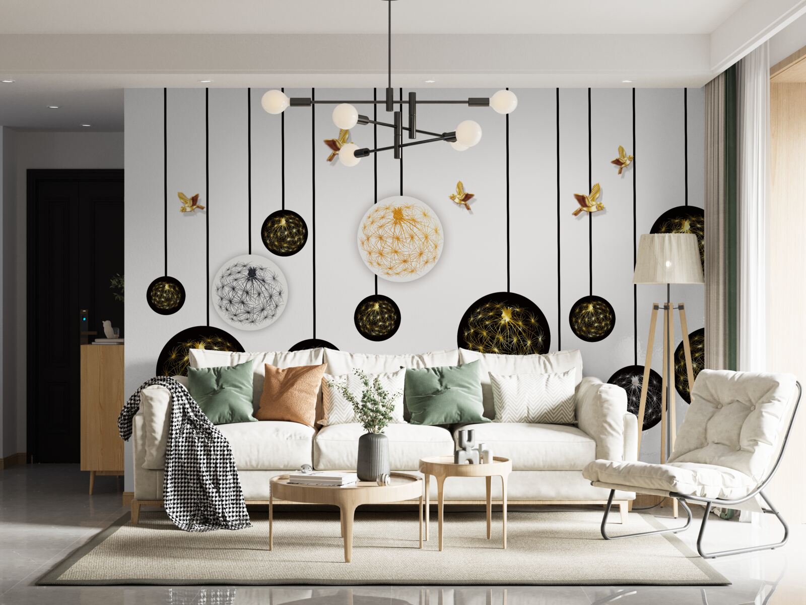 Fototapeta czarne wiszące kulki na jasnym tle