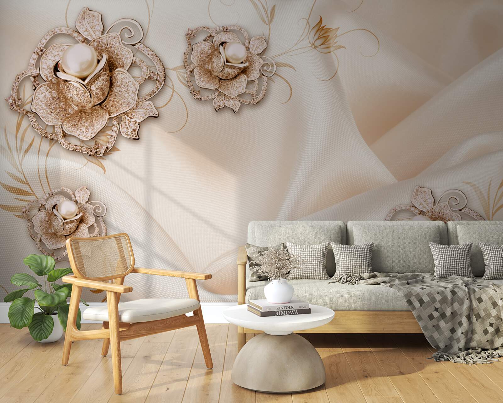 Fototapeta połączenie delikatnego brzoskwiniowego jedwabiu i kwiatów