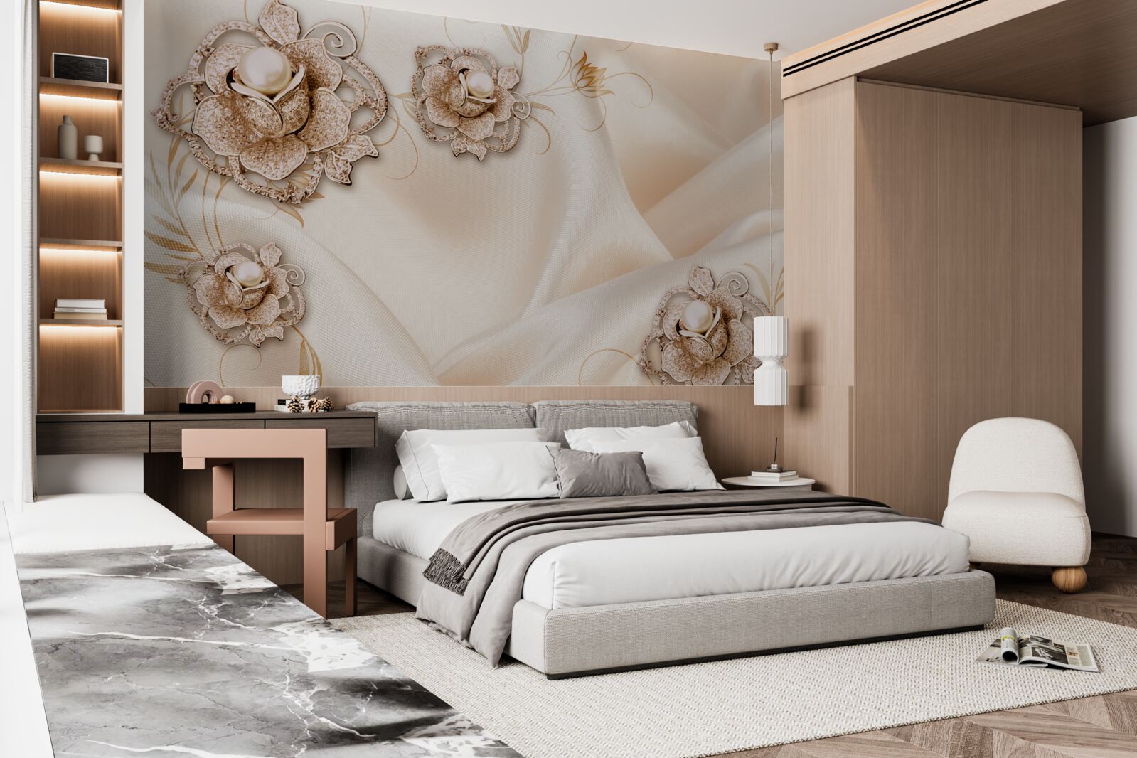 Fototapeta połączenie delikatnego brzoskwiniowego jedwabiu i kwiatów