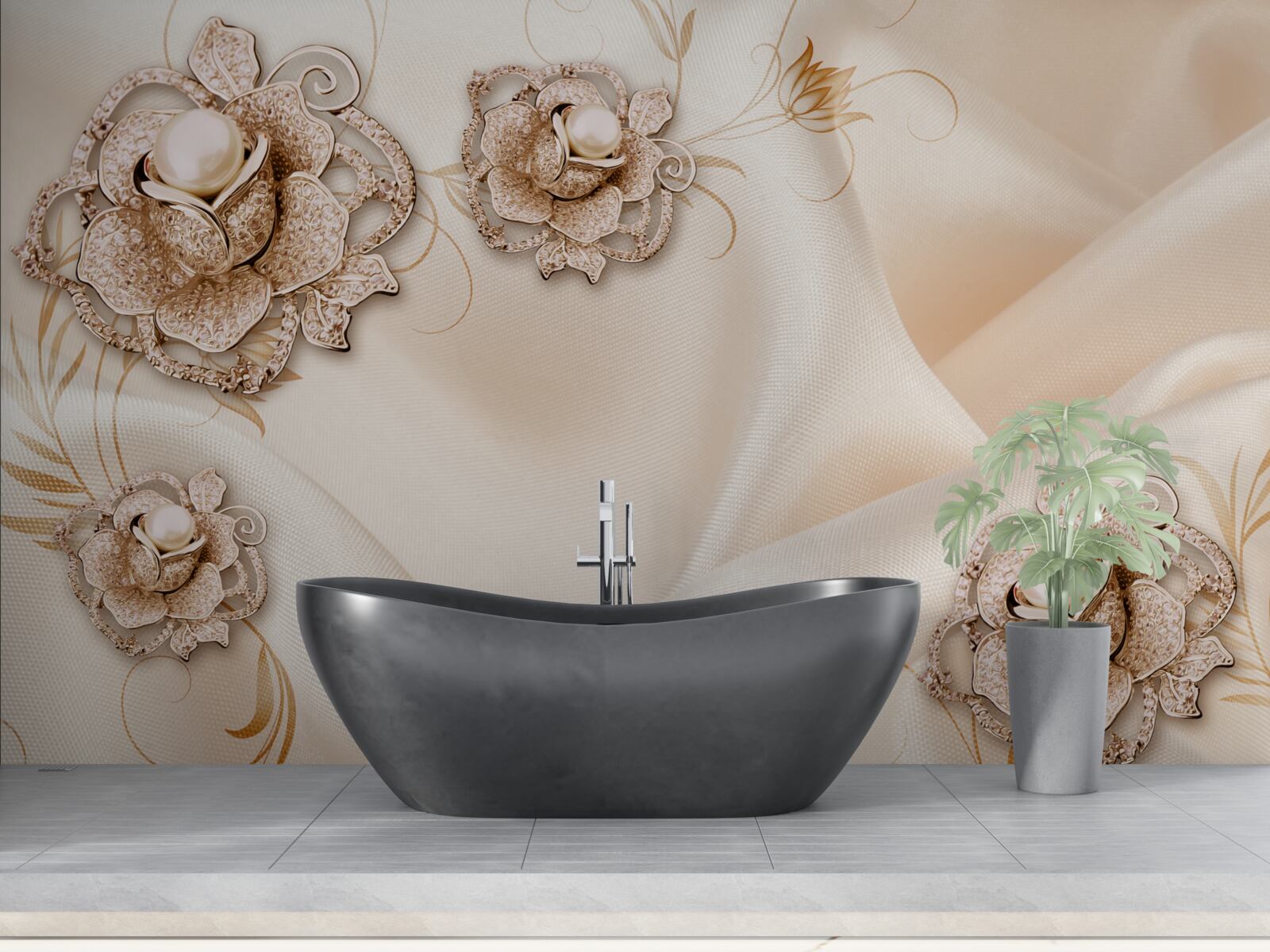 Fototapeta połączenie delikatnego brzoskwiniowego jedwabiu i kwiatów