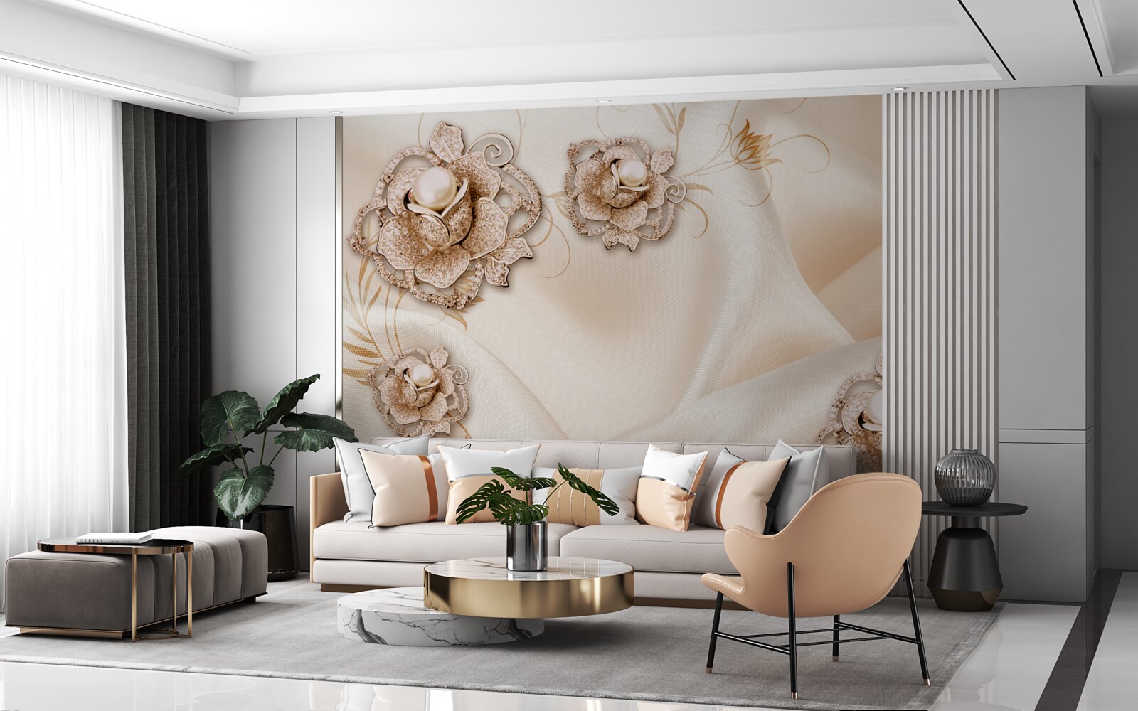 Fototapeta połączenie delikatnego brzoskwiniowego jedwabiu i kwiatów