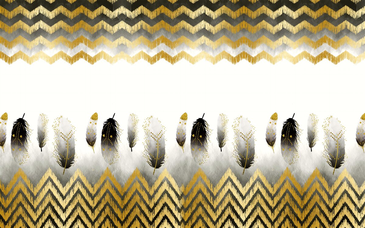 Fototapeta pióra w czerni i bieli oraz zakrzywione linie o złotym odcieniu