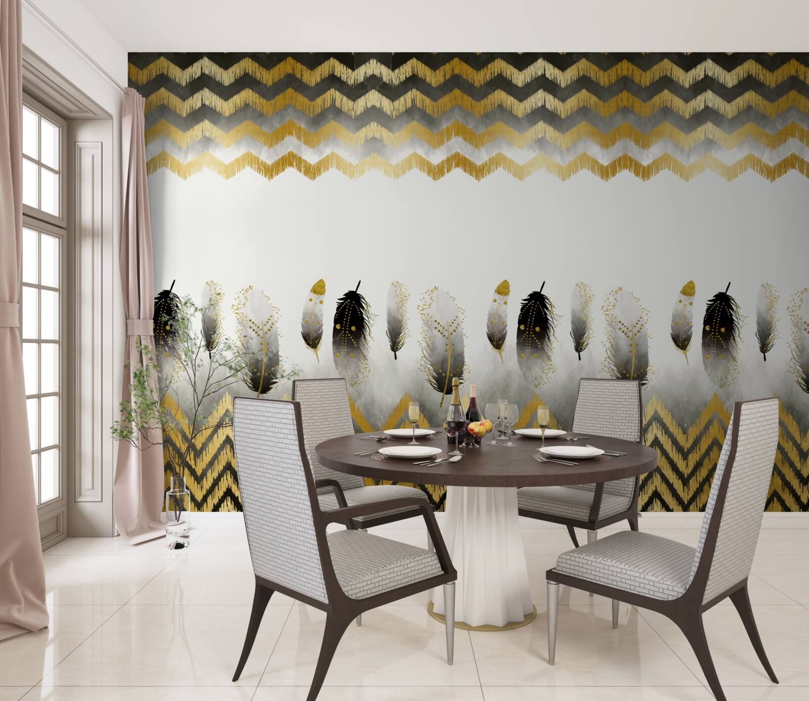 Fototapeta pióra w czerni i bieli oraz zakrzywione linie o złotym odcieniu