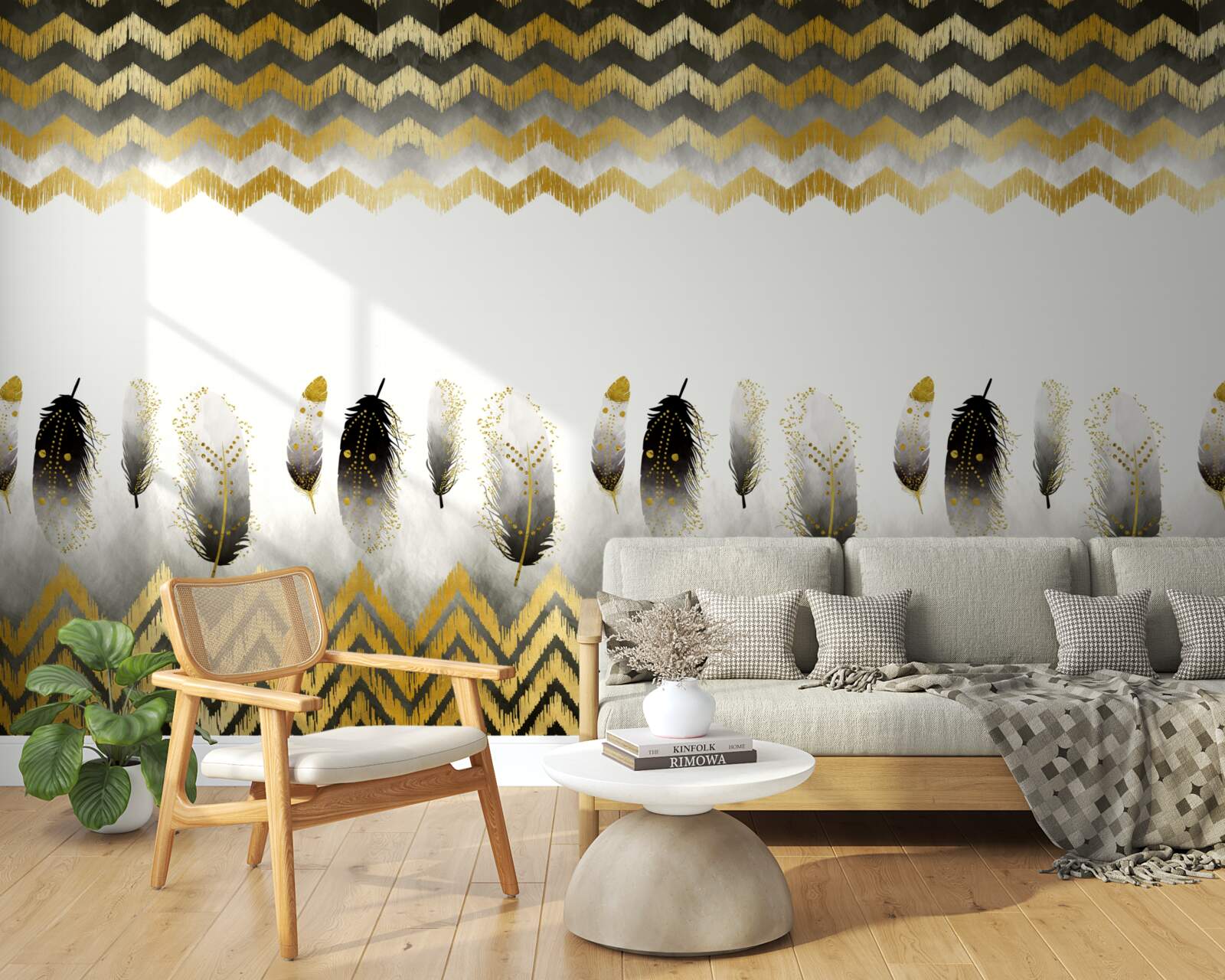 Fototapeta pióra w czerni i bieli oraz zakrzywione linie o złotym odcieniu