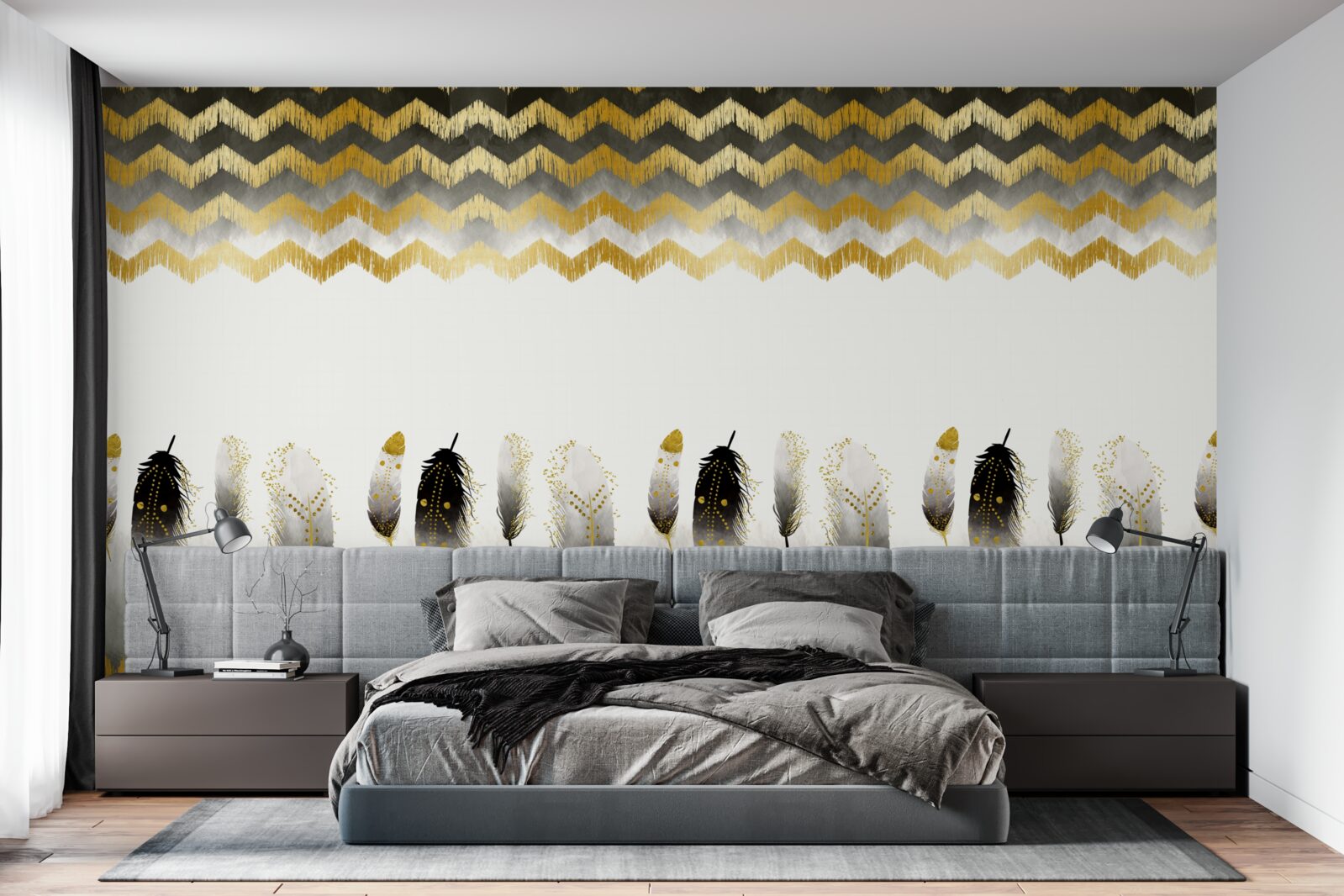 Fototapeta pióra w czerni i bieli oraz zakrzywione linie o złotym odcieniu