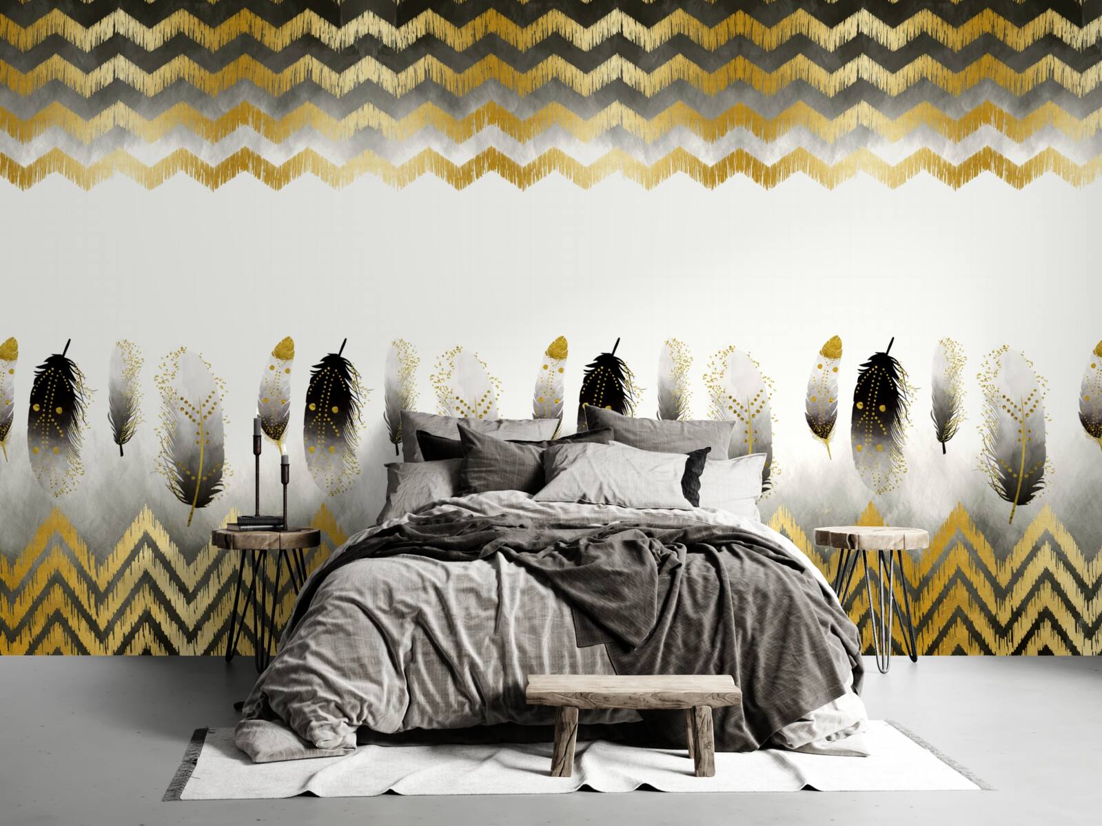 Fototapeta pióra w czerni i bieli oraz zakrzywione linie o złotym odcieniu