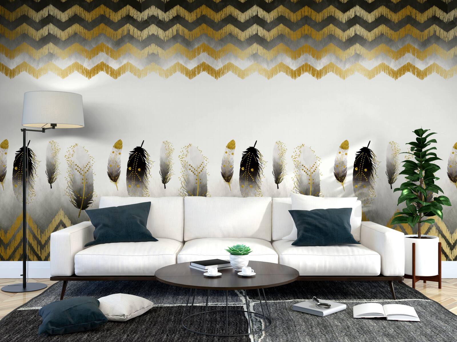 Fototapeta pióra w czerni i bieli oraz zakrzywione linie o złotym odcieniu