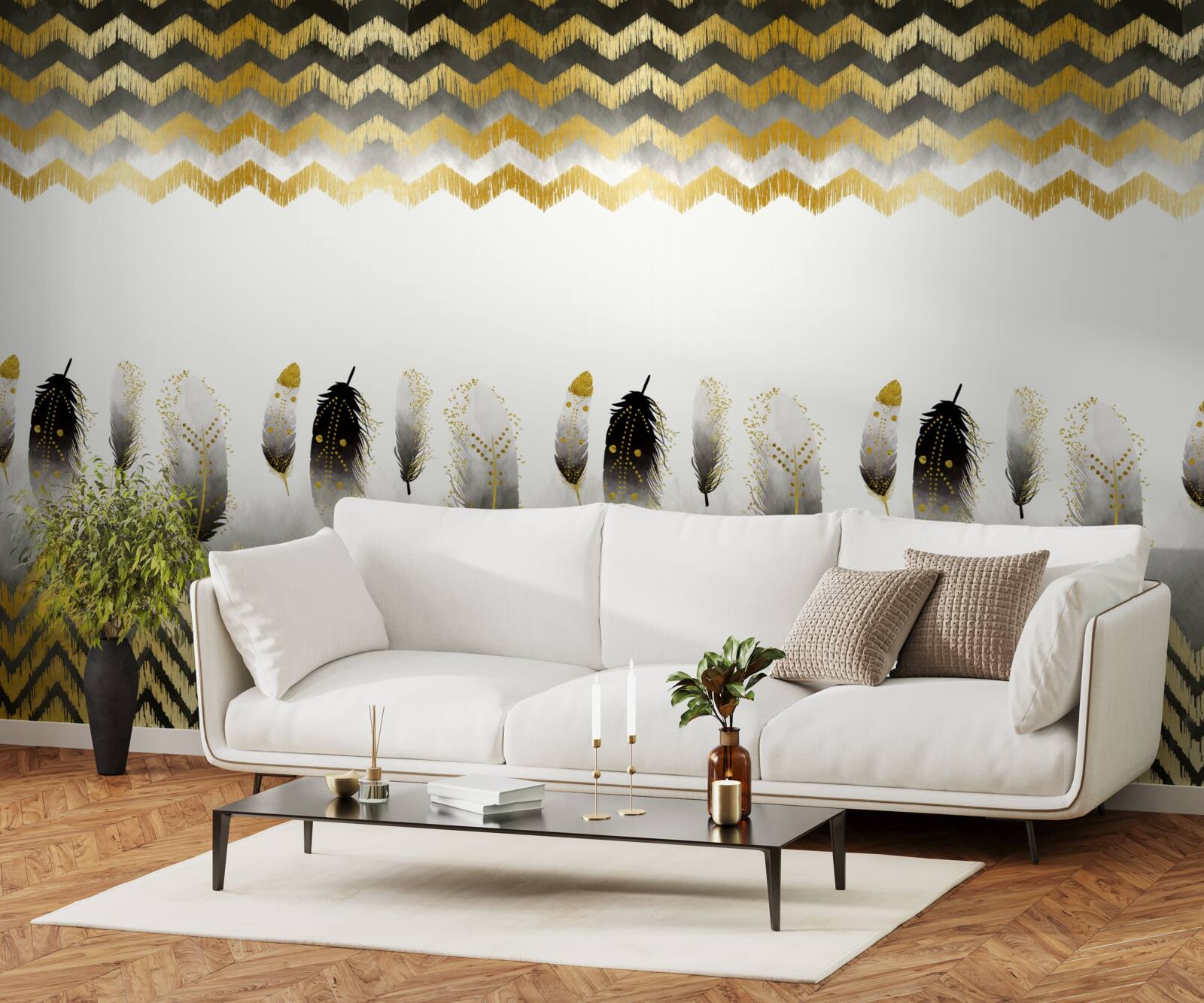 Fototapeta pióra w czerni i bieli oraz zakrzywione linie o złotym odcieniu