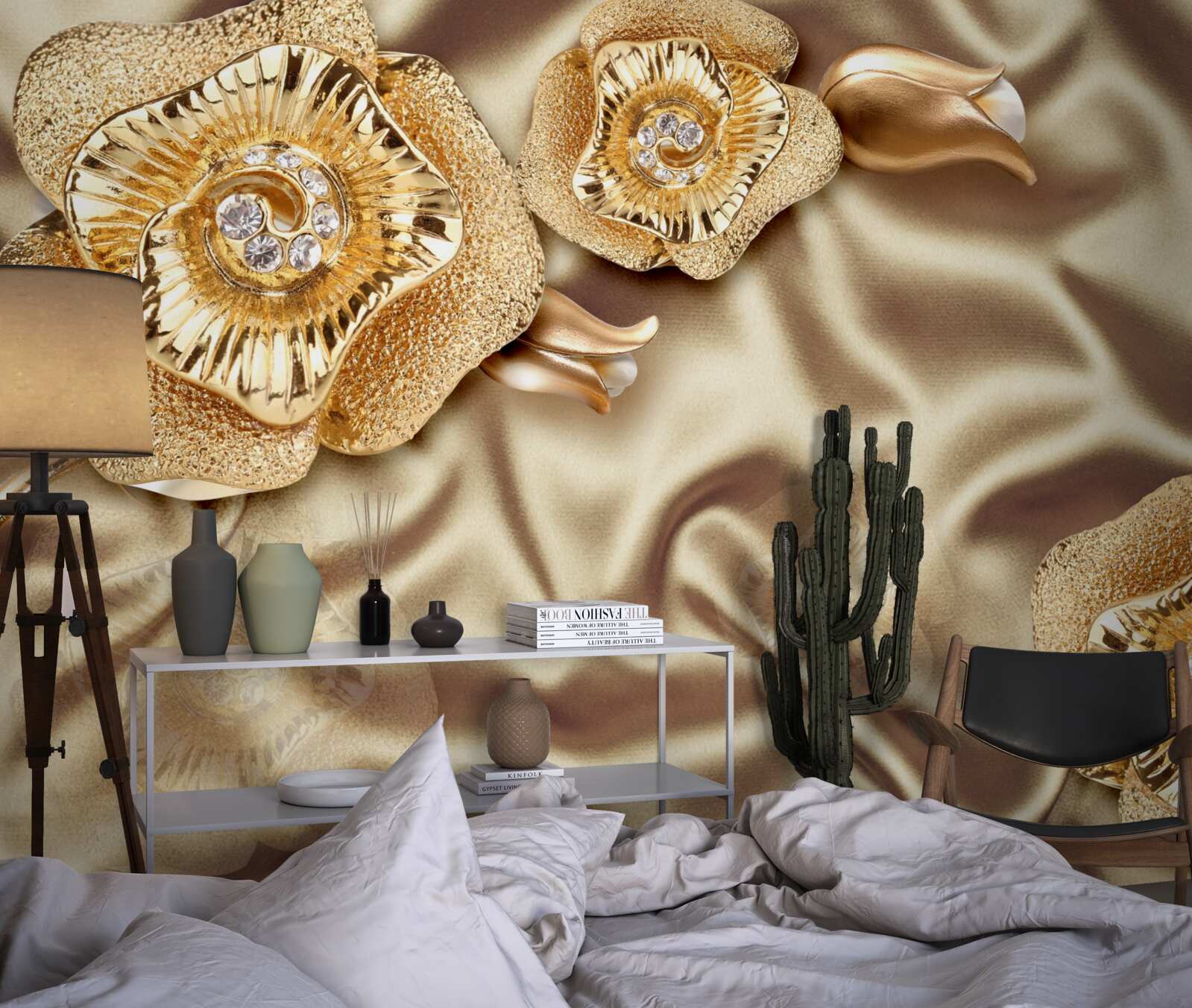 Fototapeta złote detale na jedwabiu ozdobione brązowymi kwiatami