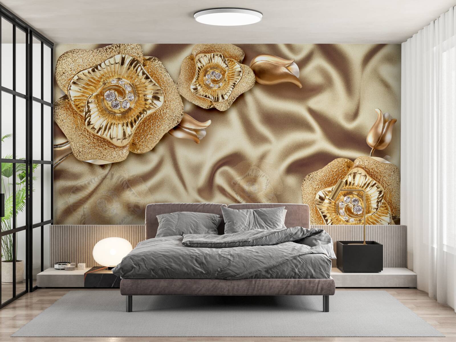 Fototapeta złote detale na jedwabiu ozdobione brązowymi kwiatami