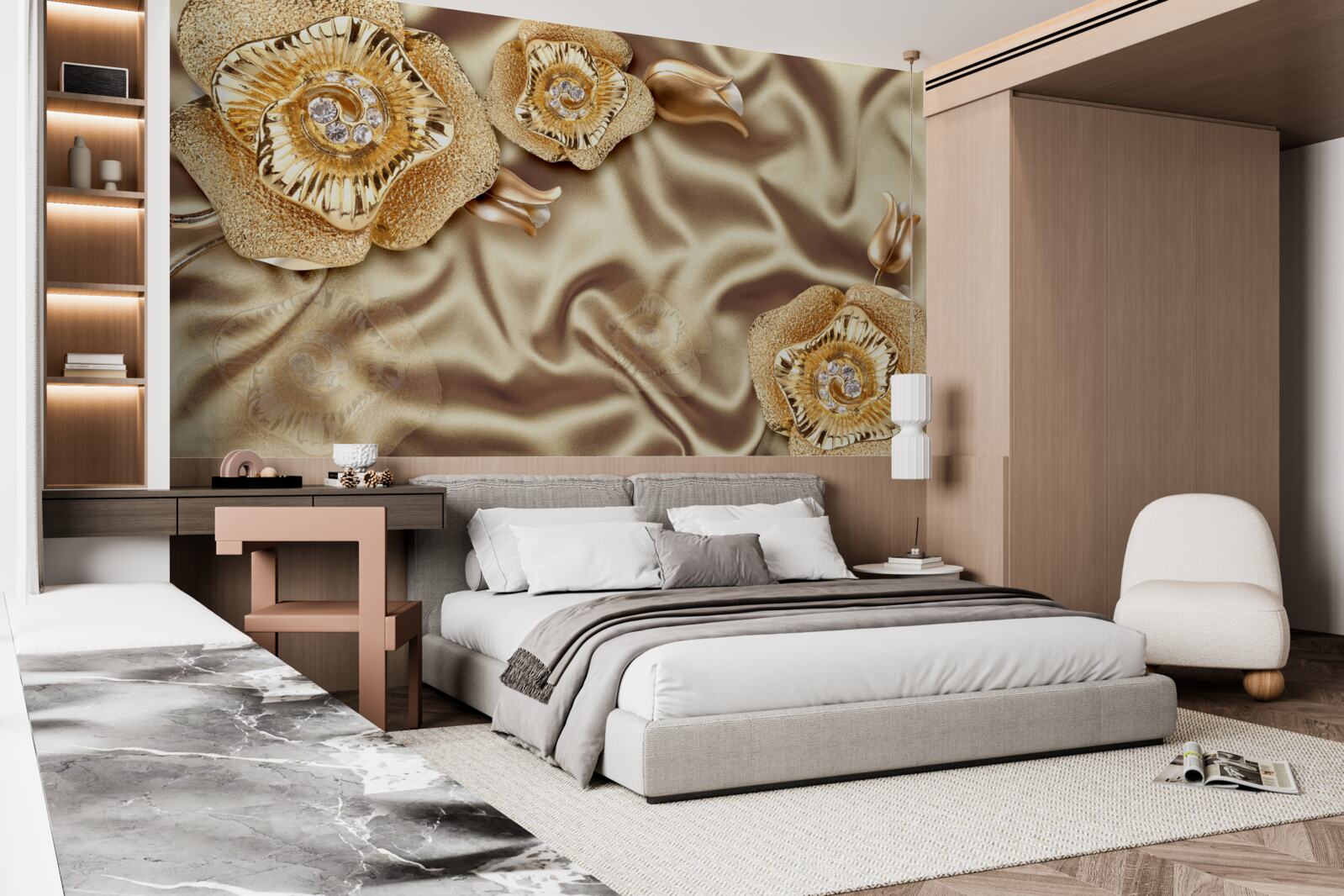 Fototapeta złote detale na jedwabiu ozdobione brązowymi kwiatami