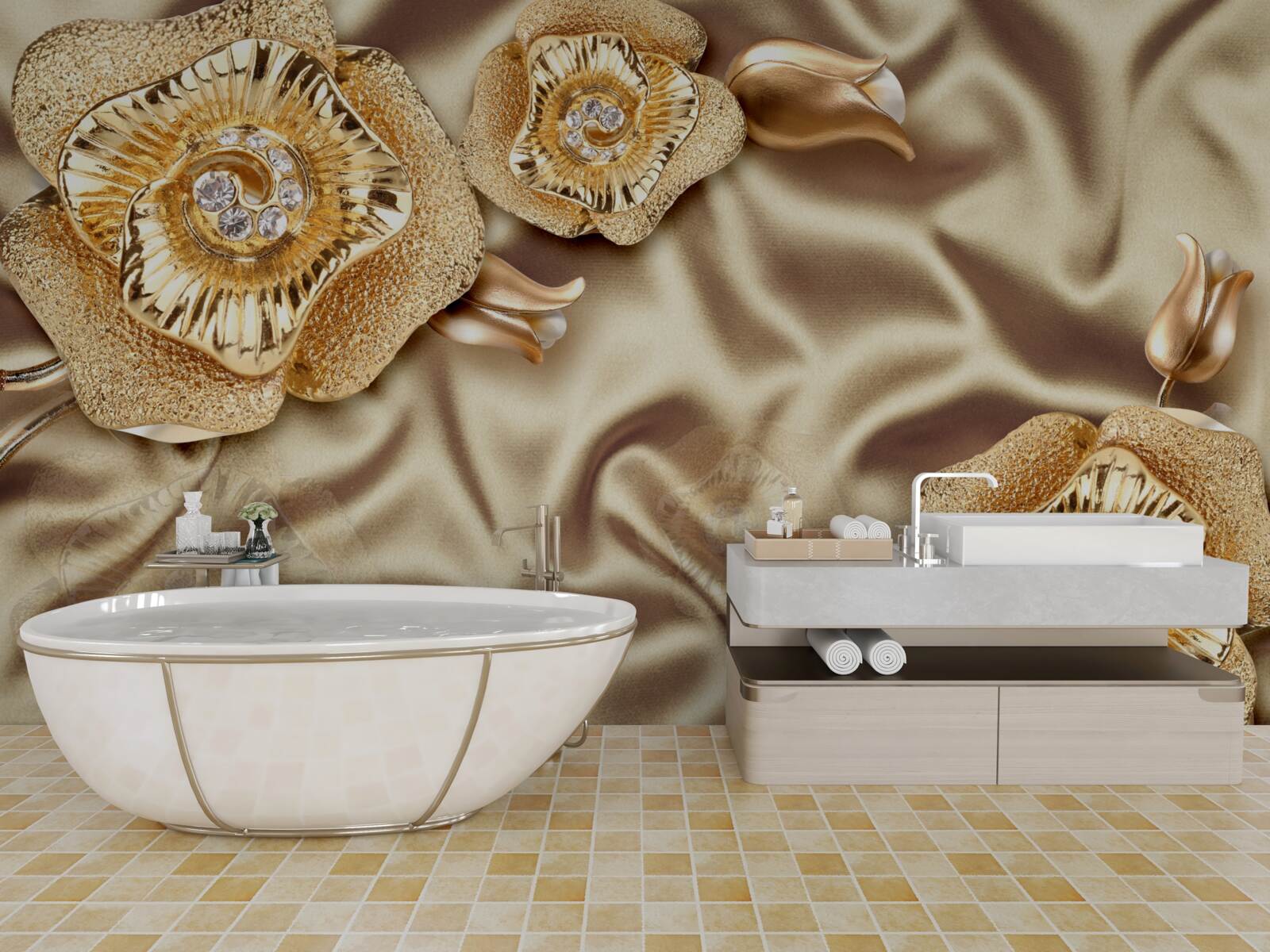 Fototapeta złote detale na jedwabiu ozdobione brązowymi kwiatami