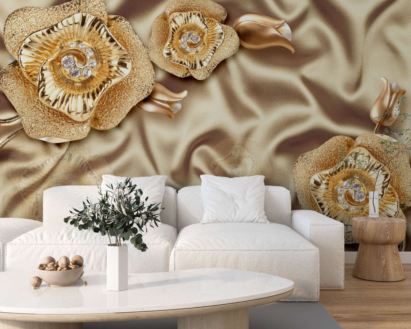 Fototapeta złote detale na jedwabiu ozdobione brązowymi kwiatami