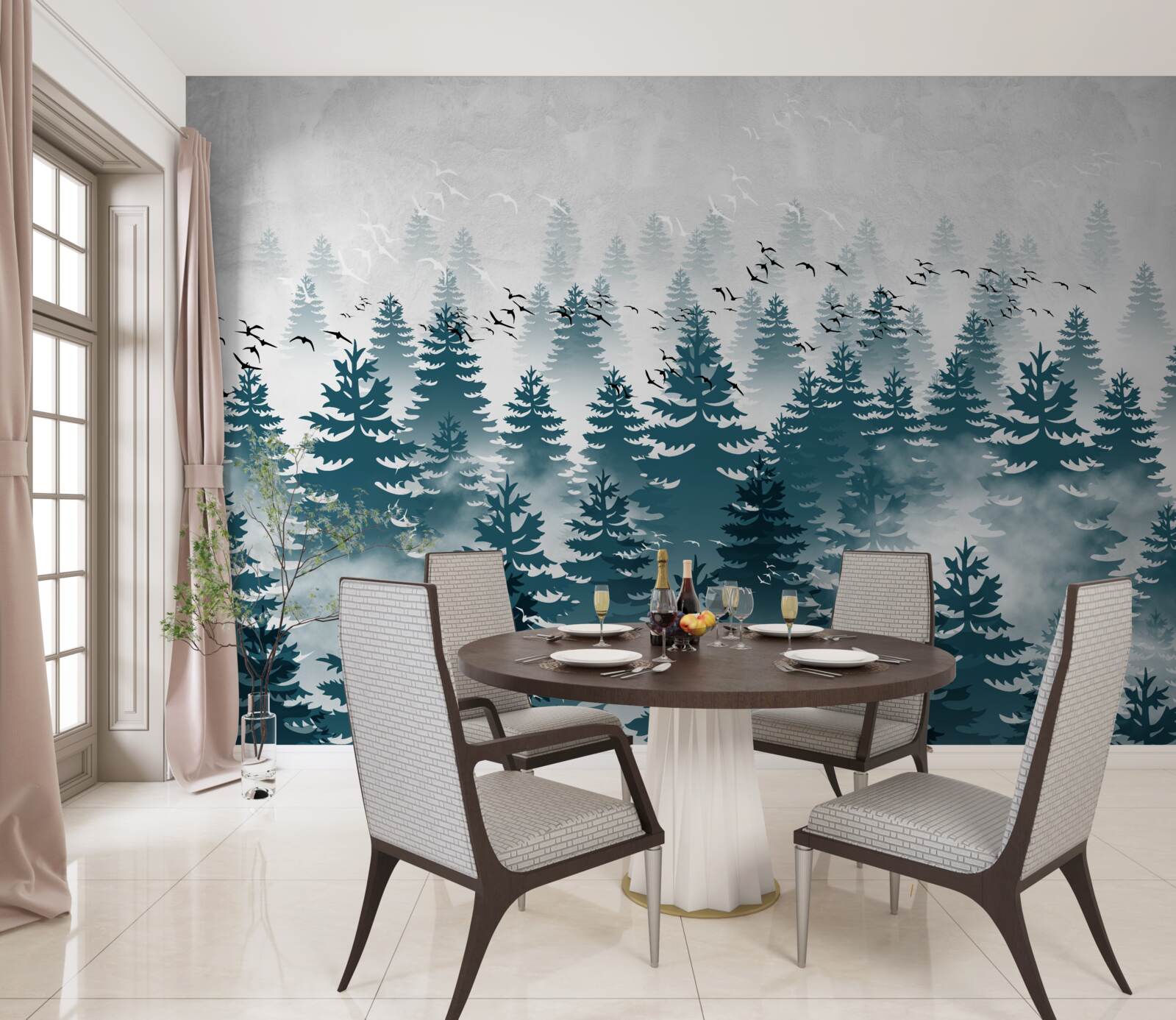 Fototapeta mglista zasłona spowijała iglasty gaj