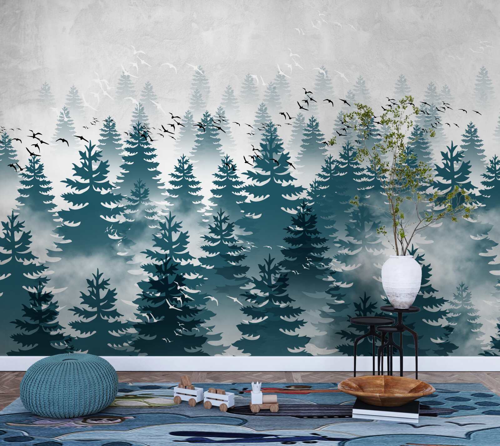 Fototapeta mglista zasłona spowijała iglasty gaj