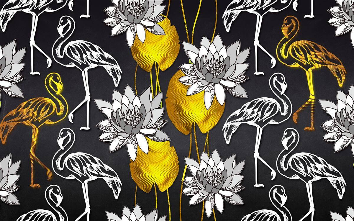 Fototapeta złote rośliny i białe flamingi