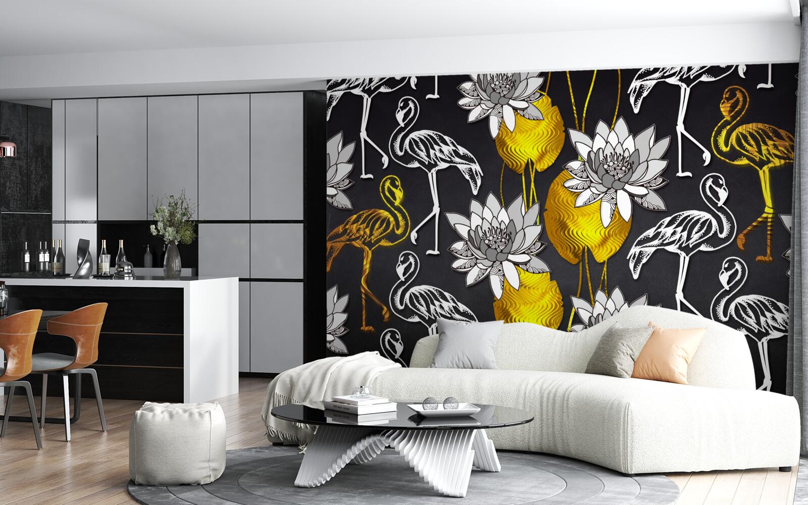 Fototapeta złote rośliny i białe flamingi