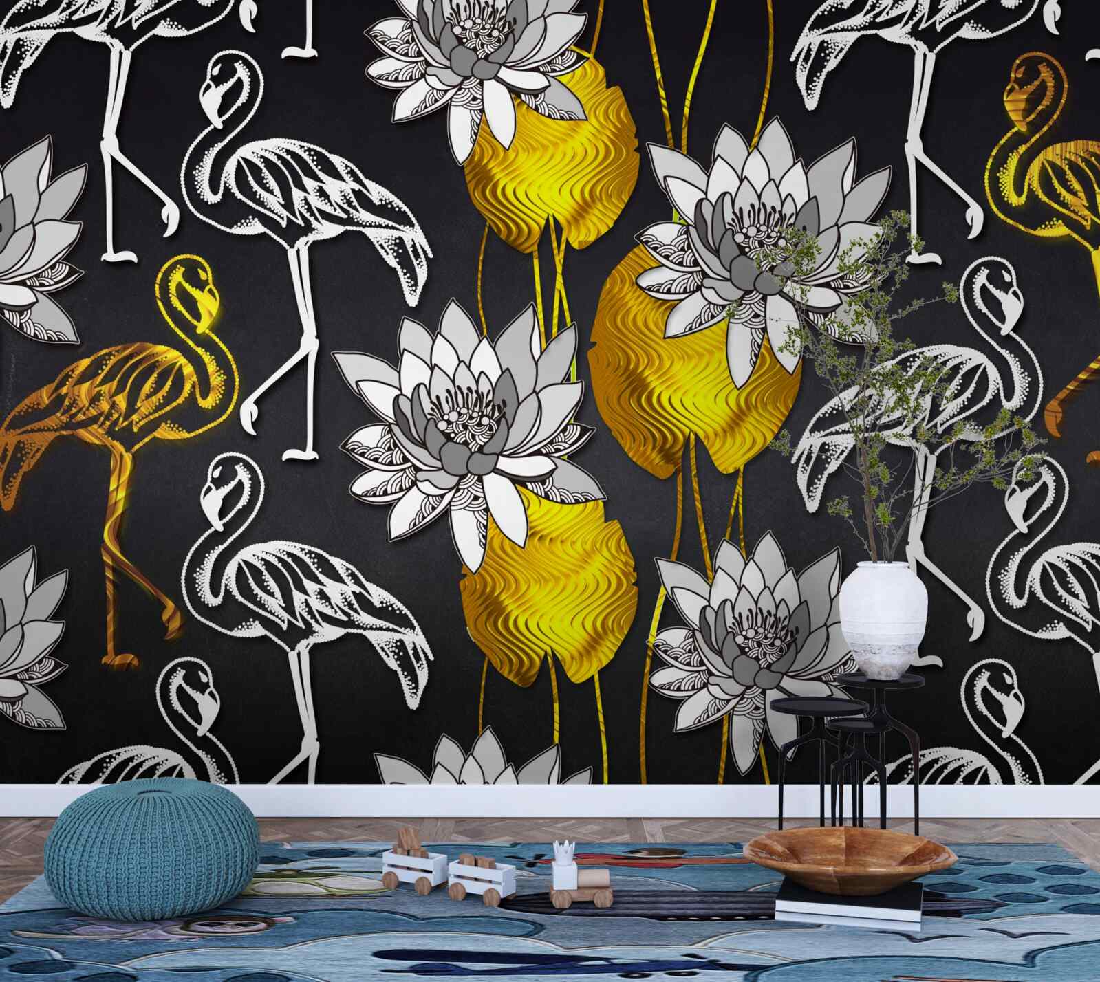 Fototapeta złote rośliny i białe flamingi