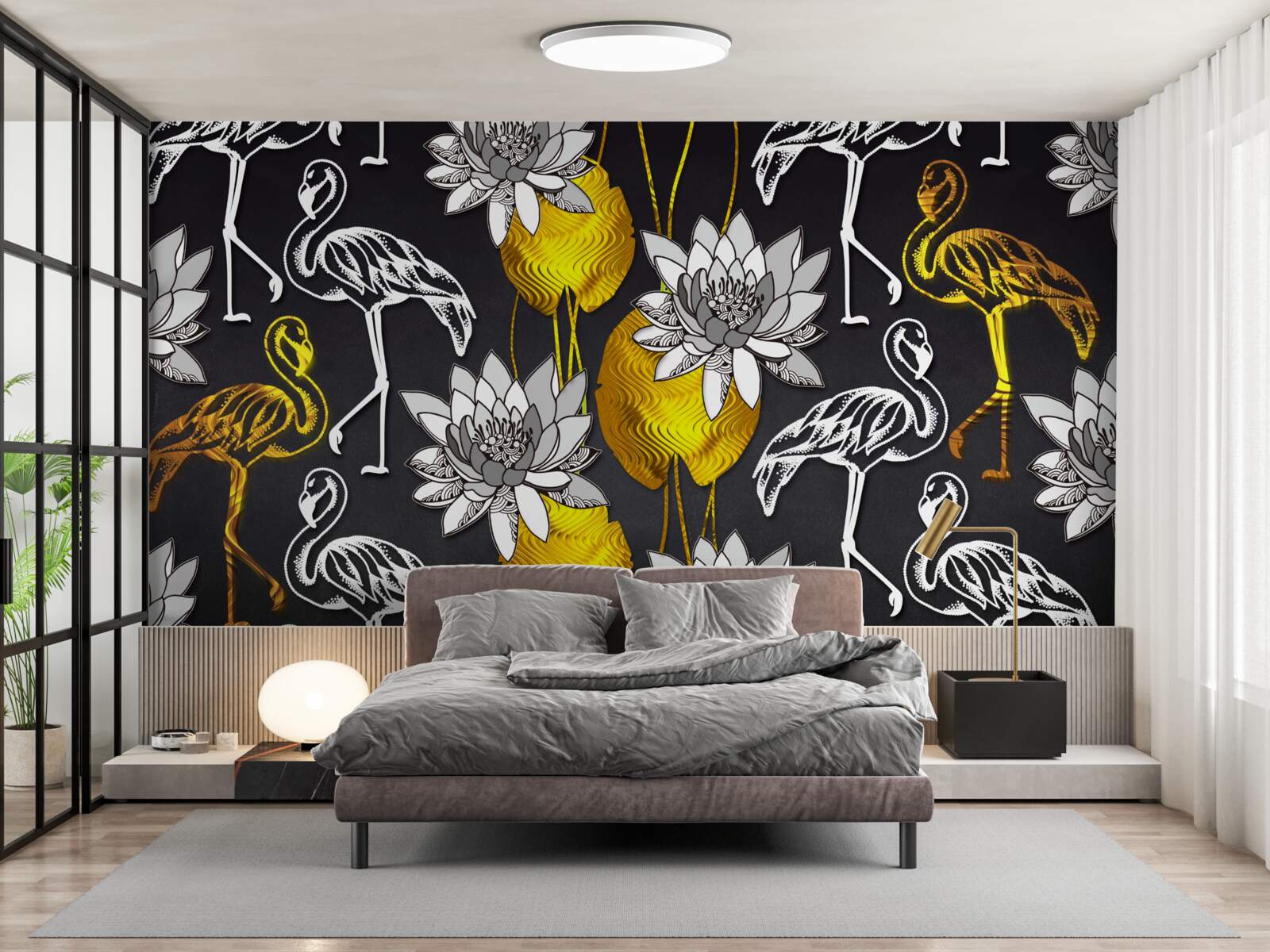 Fototapeta złote rośliny i białe flamingi