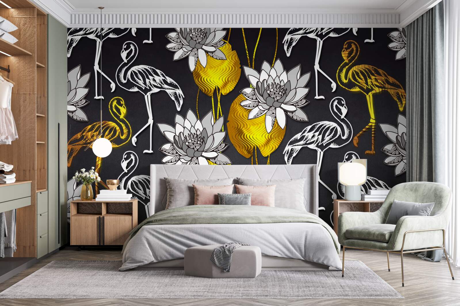 Fototapeta złote rośliny i białe flamingi