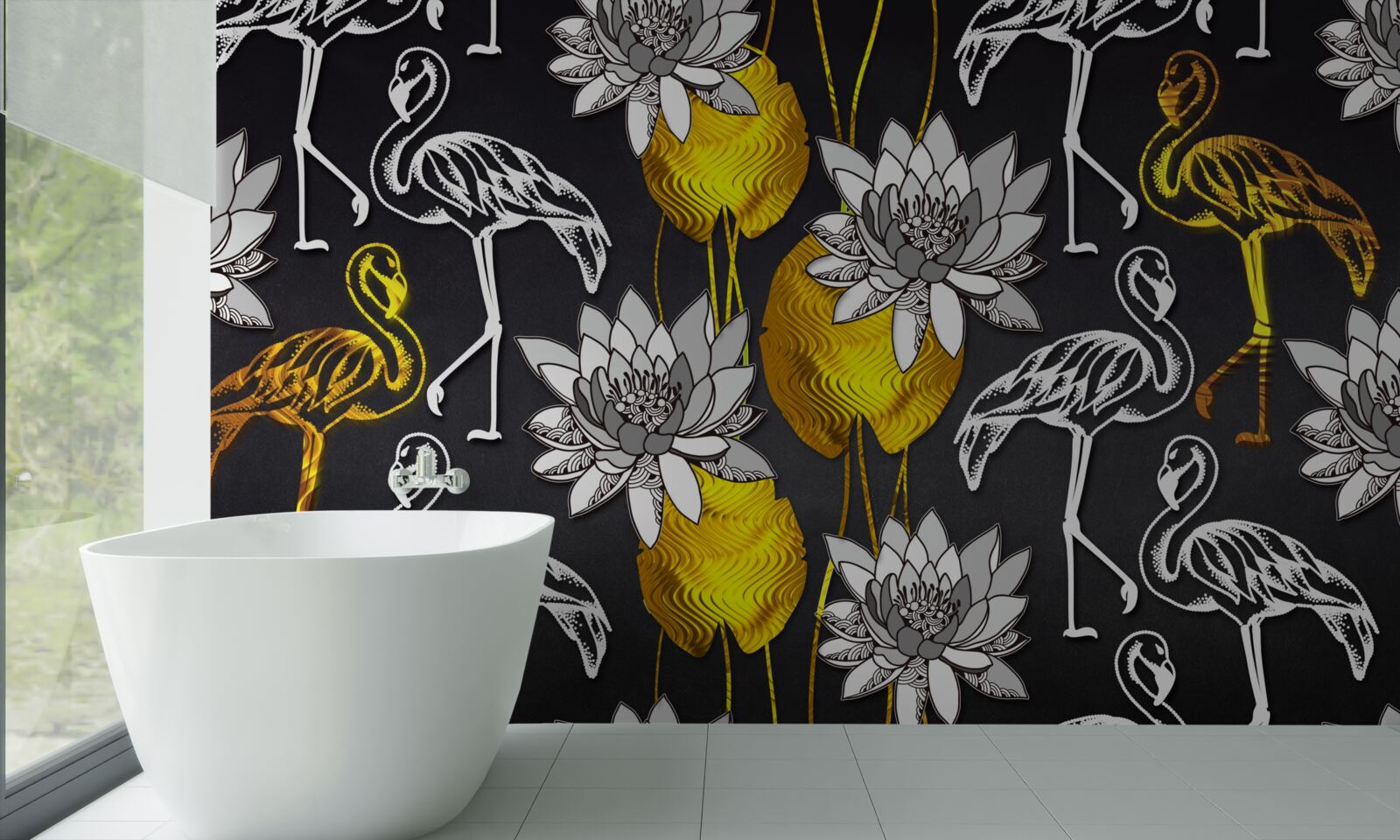 Fototapeta złote rośliny i białe flamingi