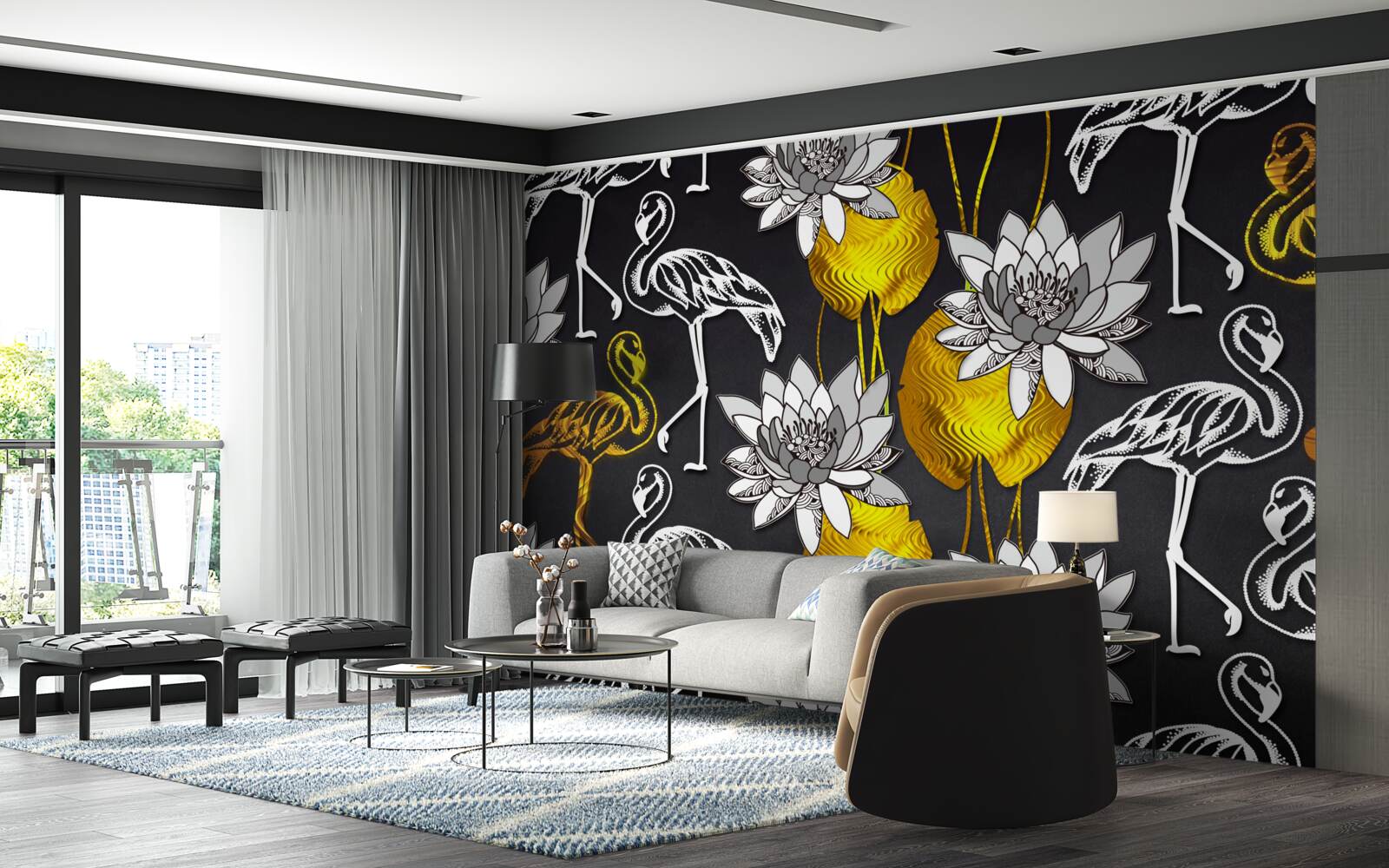 Fototapeta złote rośliny i białe flamingi