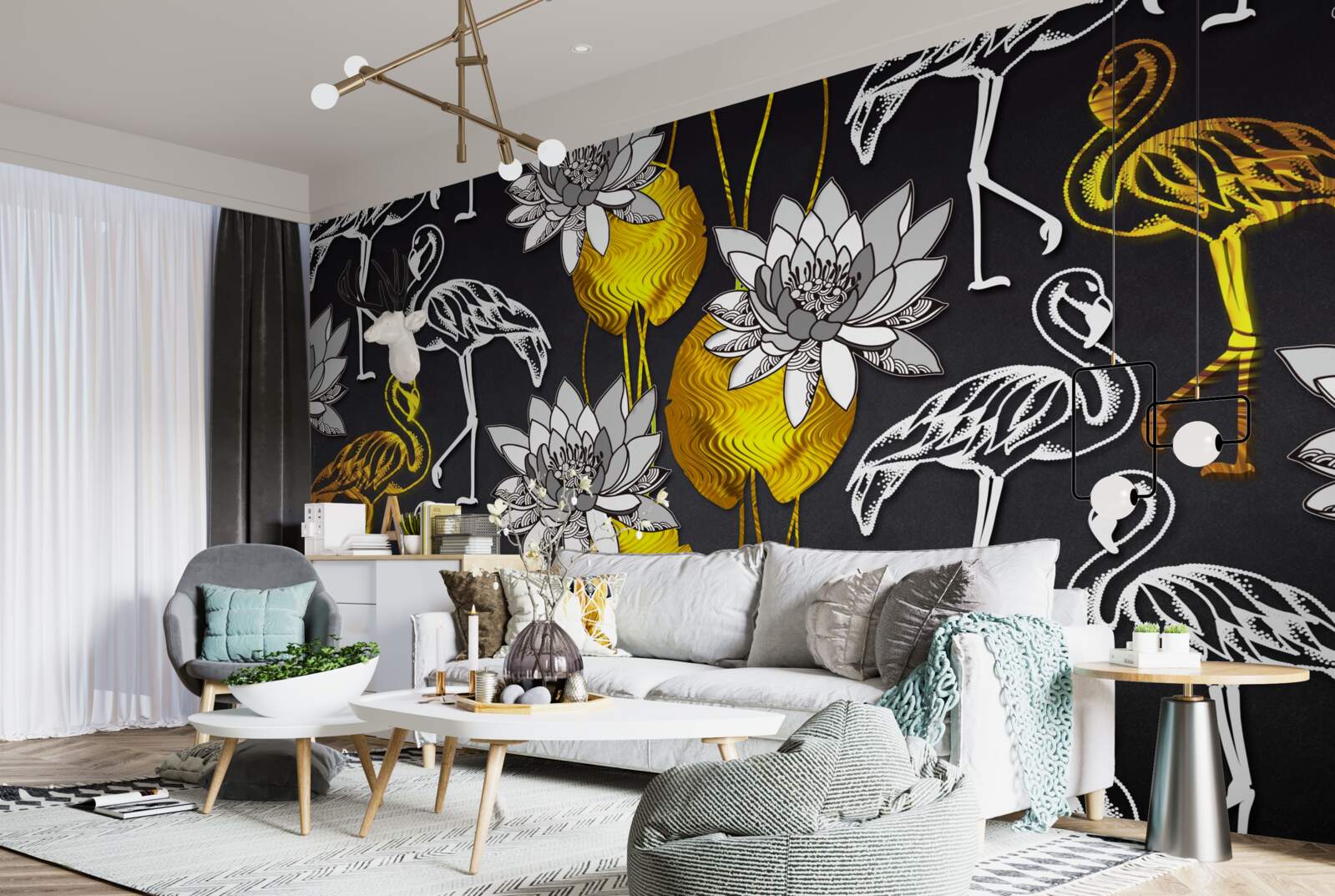 Fototapeta złote rośliny i białe flamingi