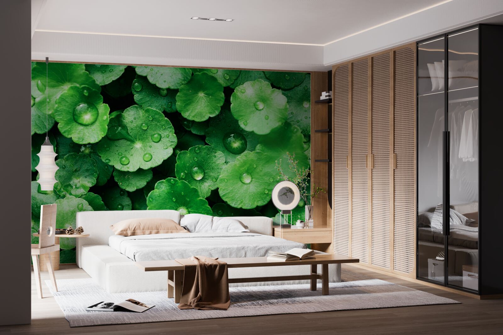 Fototapeta zielone liście pokryte świeżymi kroplami wody