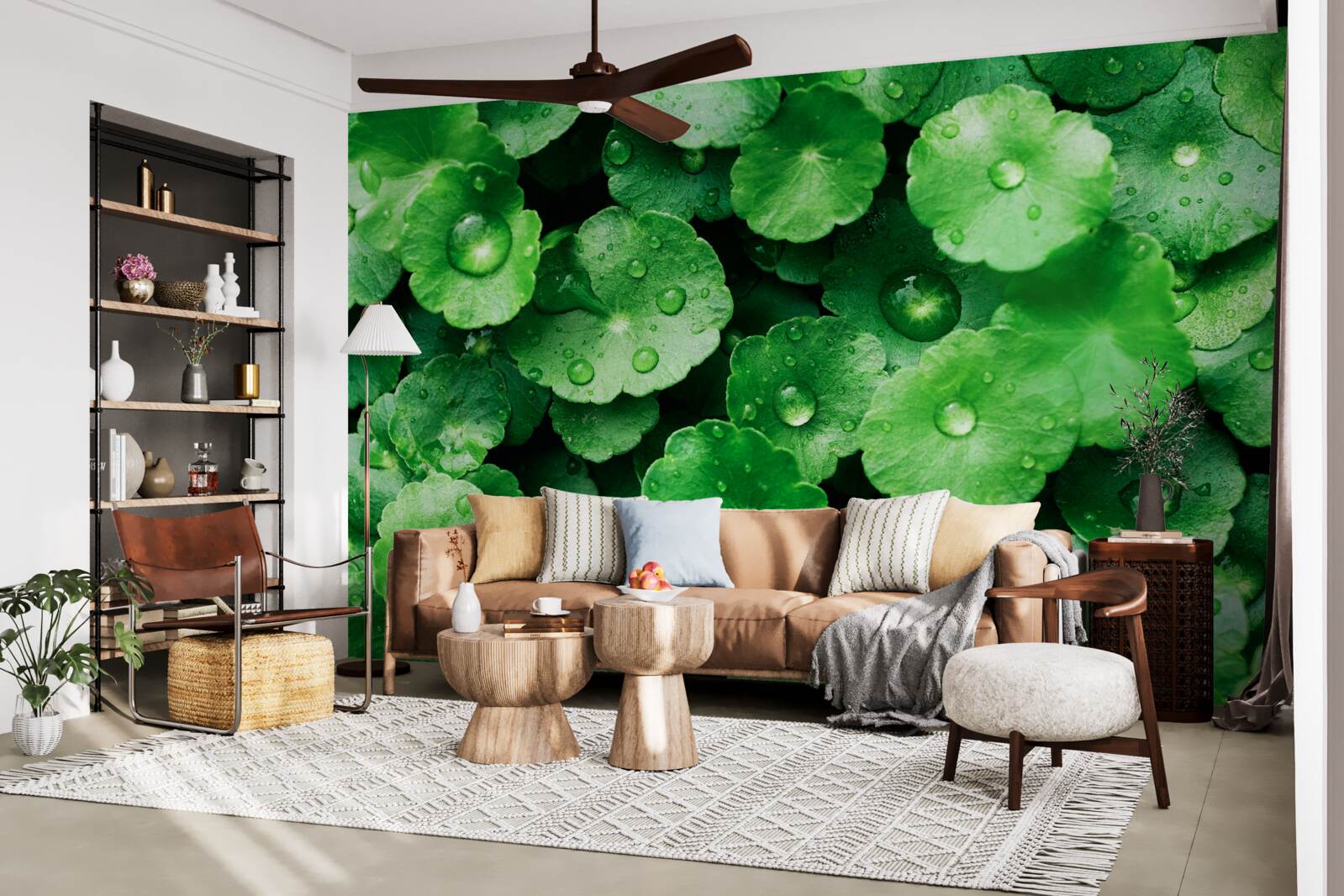 Fototapeta zielone liście pokryte świeżymi kroplami wody