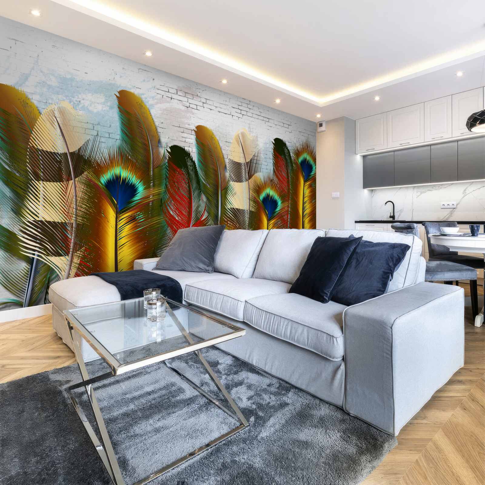 Fototapeta wspaniałe pióra kontrastują z białą ceglaną ścianą