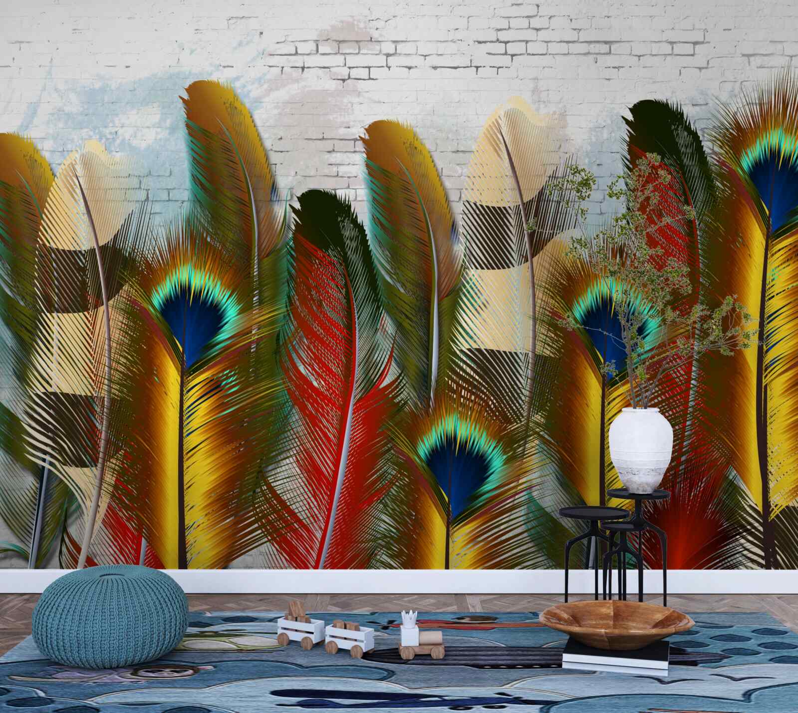 Fototapeta wspaniałe pióra kontrastują z białą ceglaną ścianą