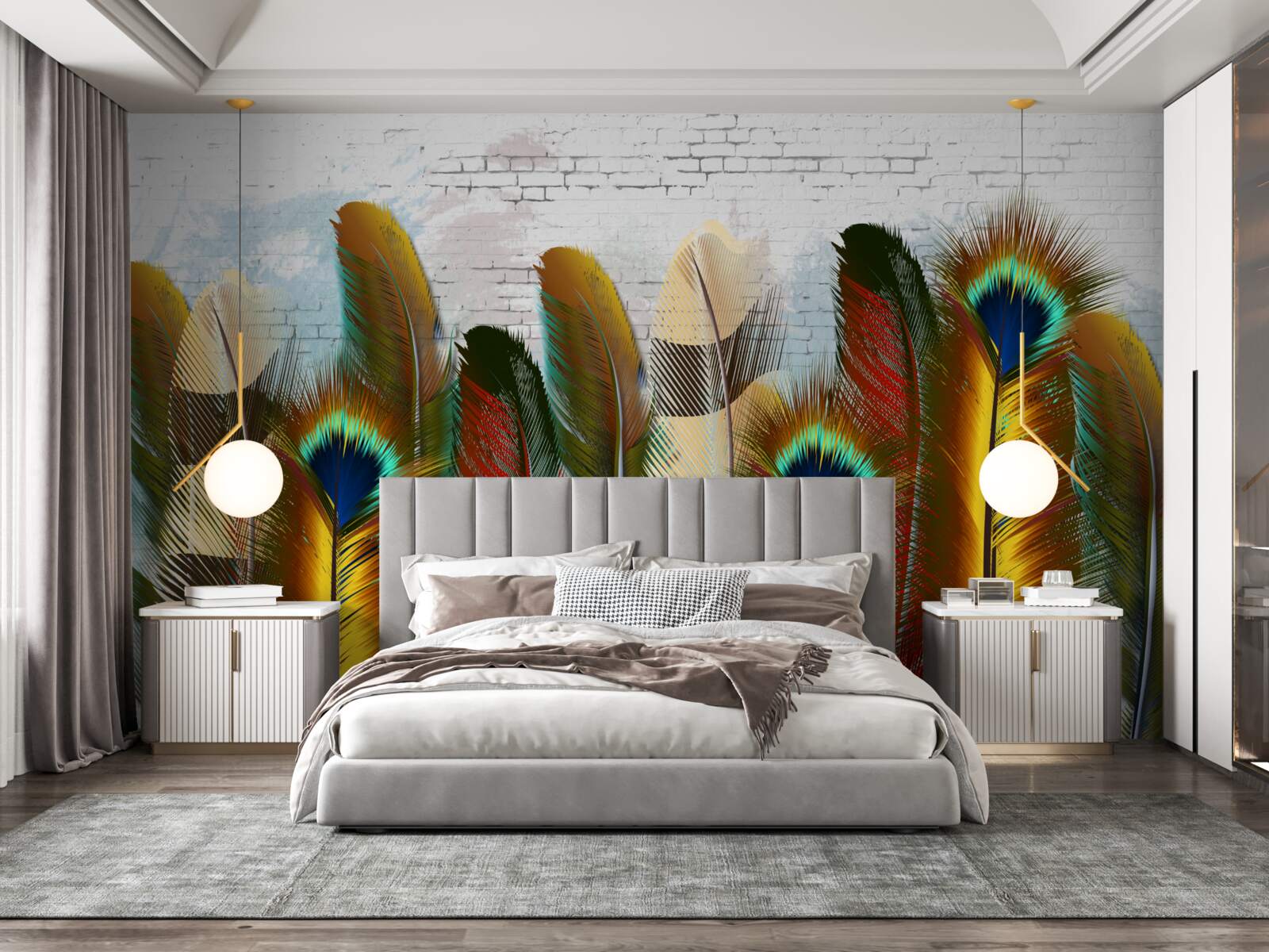 Fototapeta wspaniałe pióra kontrastują z białą ceglaną ścianą