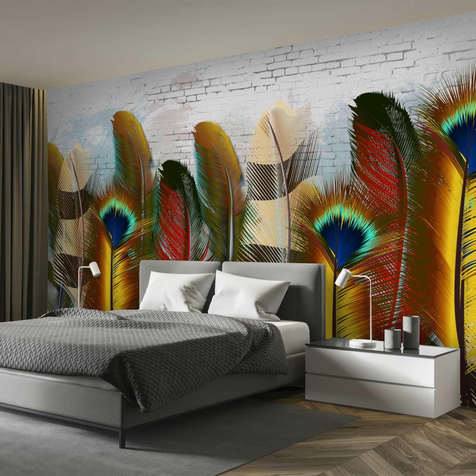 Fototapeta wspaniałe pióra kontrastują z białą ceglaną ścianą