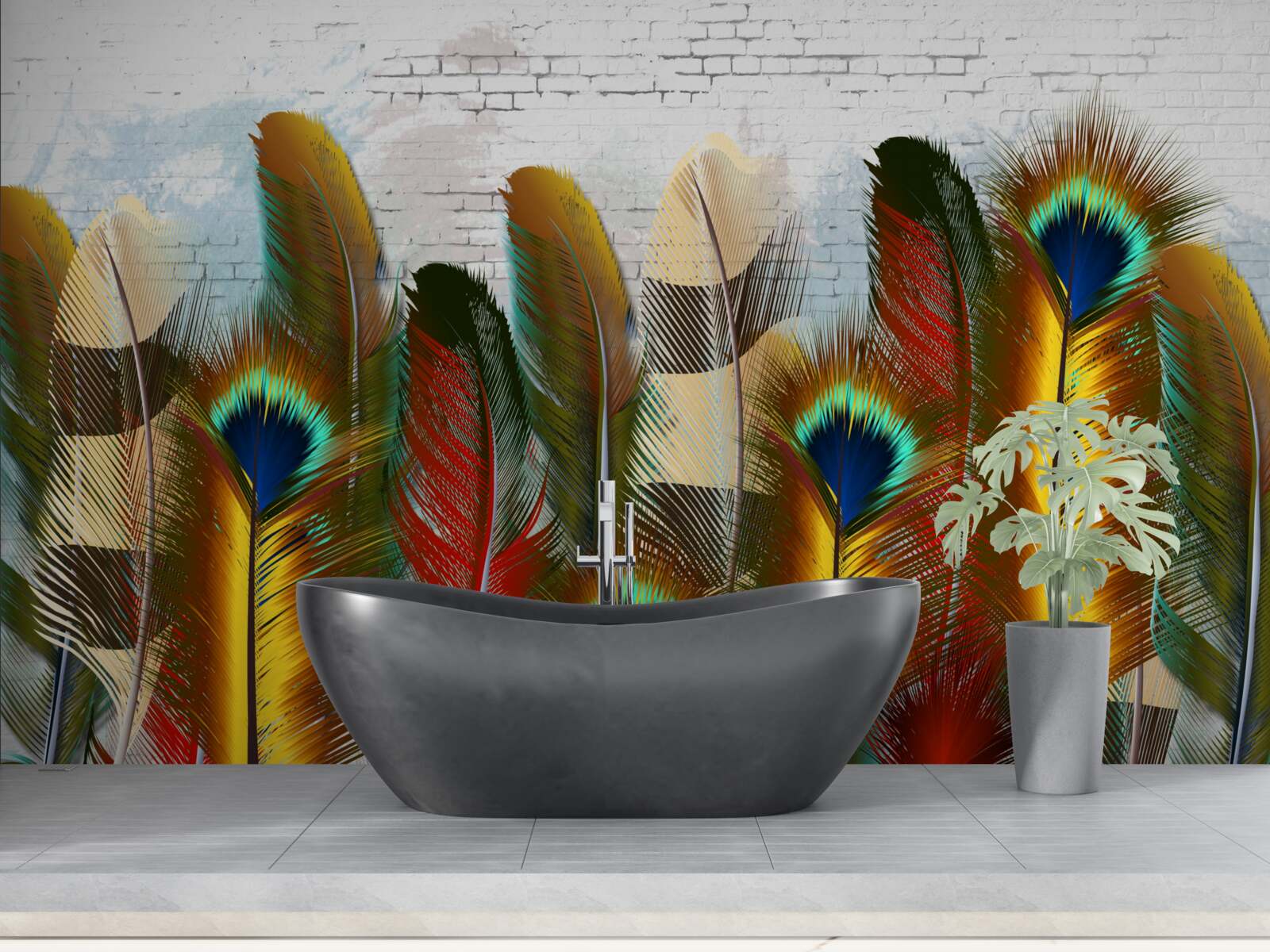 Fototapeta wspaniałe pióra kontrastują z białą ceglaną ścianą